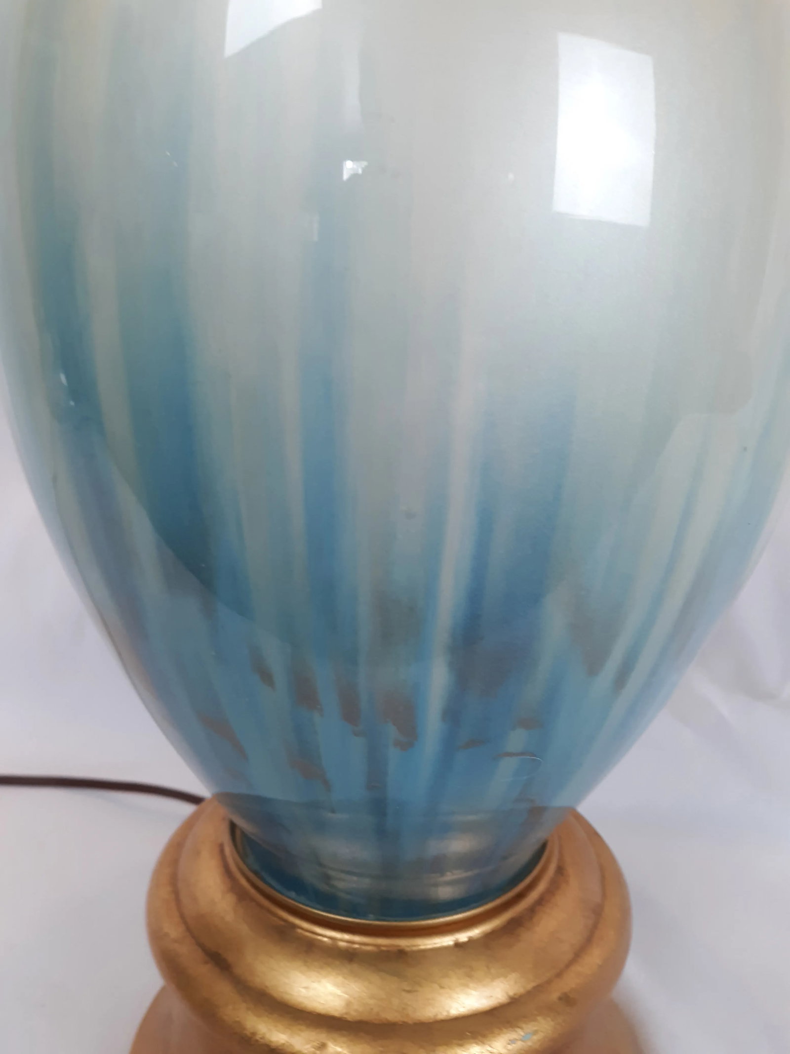 Vintage Blue Glass and Tole Covered Brass Lamp - 4