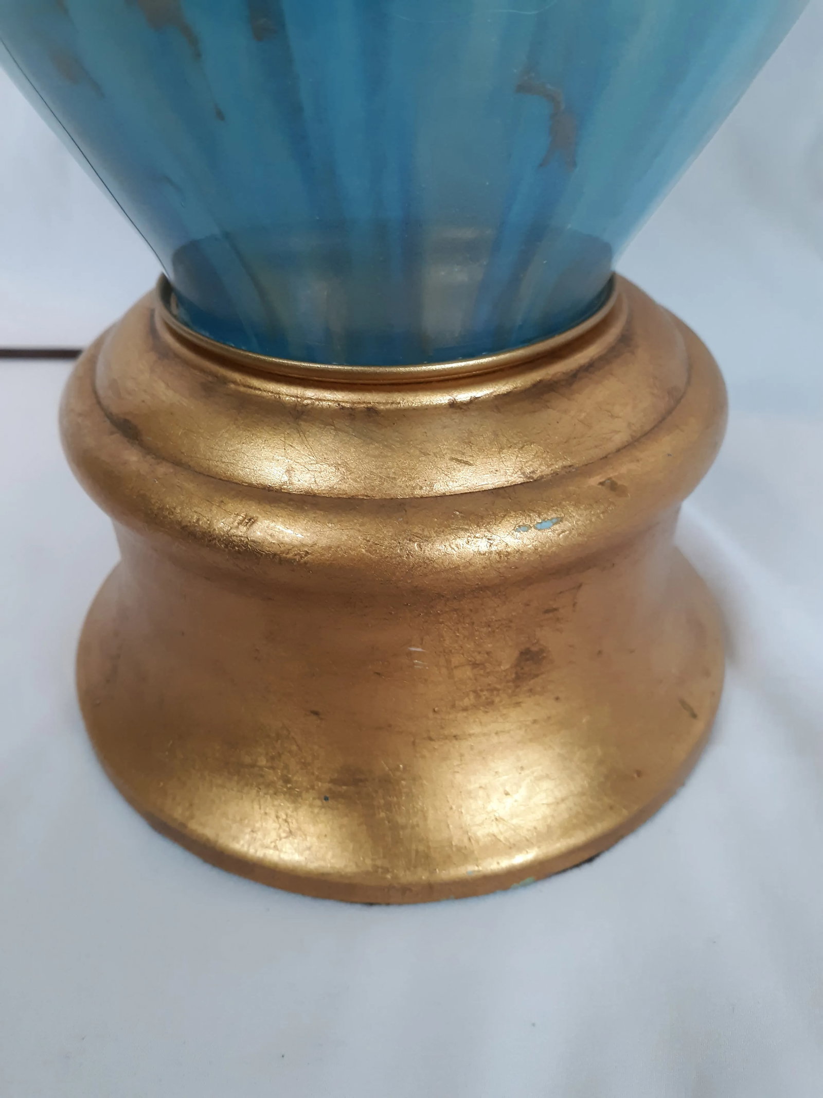 Vintage Blue Glass and Tole Covered Brass Lamp - 9