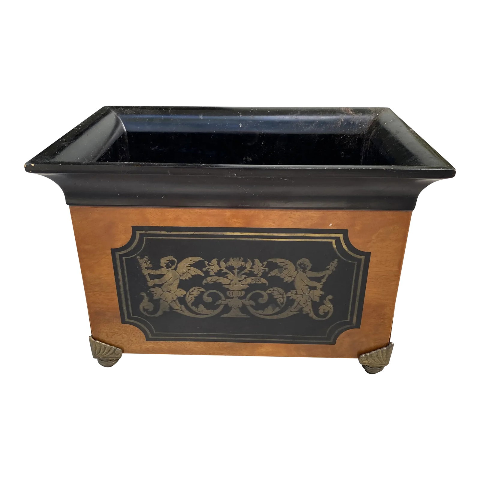1980s Biedermier Style Cachpot: Great black and brown Biermaier style cache pot having some age and a great find Condition: Alterations: Original Condition Unaltered Imperfections: Some Imperfections Condition Notes: Having only a f