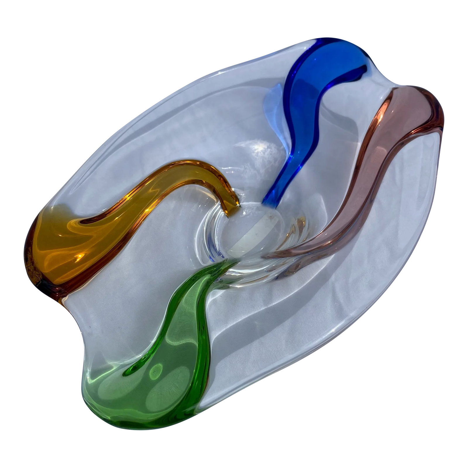 Vintage Mid 20th Century Multi Color Murano Style Bowl: This vintage art glass decorative bowl by Murano is a really stunning find. The organic shape of the bowl with the various swirls of color ranging from orange, blue, pink and green give the piece a re
