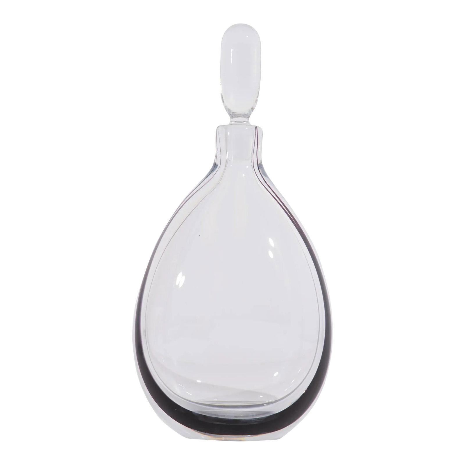 Vicke Lindstrand 1950s Kosta Crystal "Kontur" Decanter: A 1950s Kontur decanter designed by the Swedish designer Vicke Lindstrand (1904-1983) for Kosta. Made in Sweden, the decanter features a sleek, oblong body with a smooth elongated stopper. A band of c