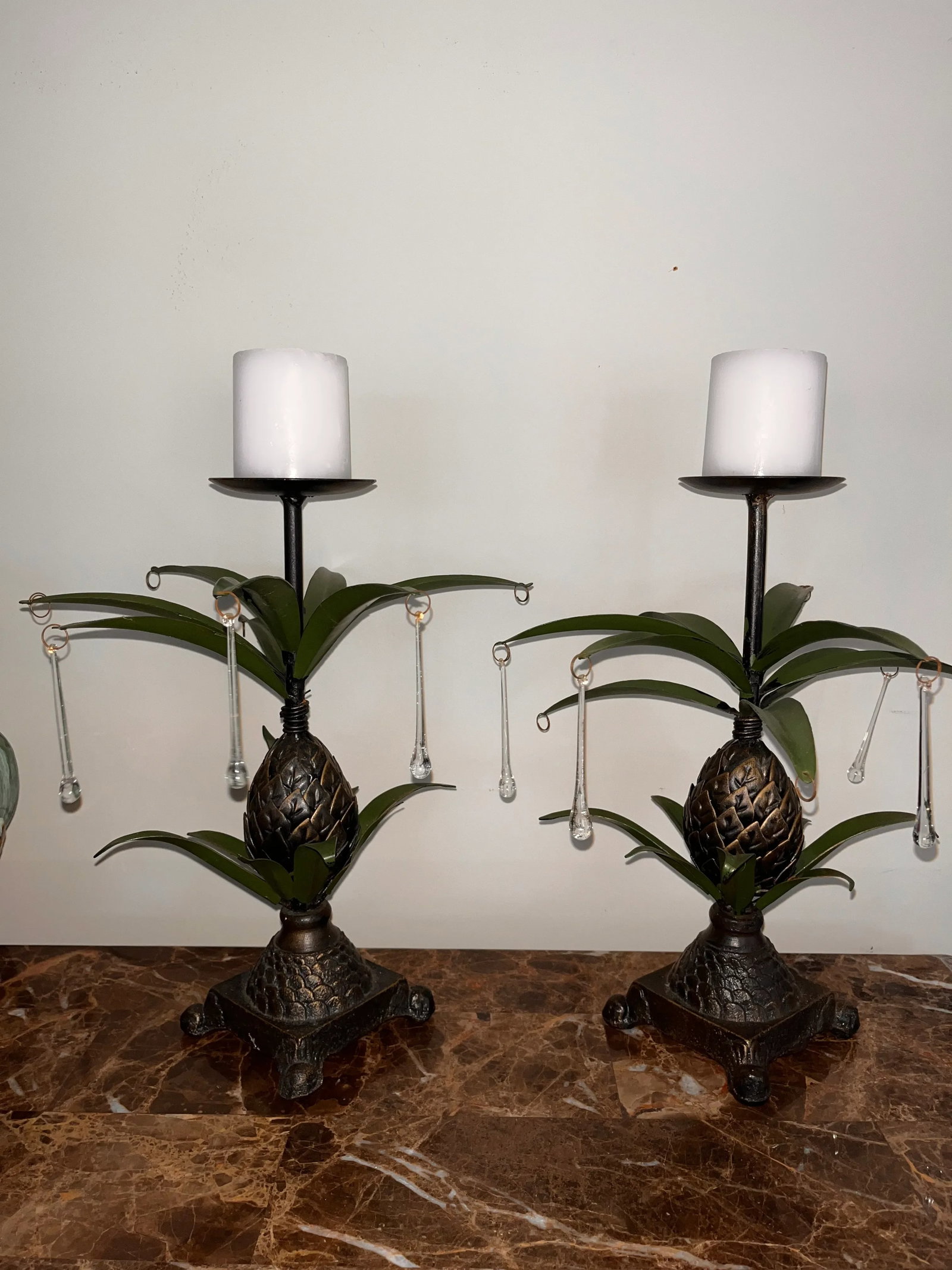 Vintage 1970s Pineapple Metal Brass Candle Holders Glass Teardrops Tropical Candle Holders - a Pair - 11