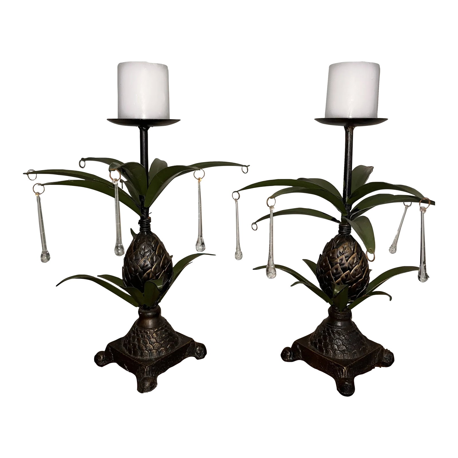 Vintage 1970s Pineapple Metal Brass Candle Holders Glass Teardrops Tropical Candle Holders - a Pair: Vintage pineapple candle holders. Heavy. Rare. Glass teardrops Condition: Alterations: Original Condition Unaltered Imperfections: Some Imperfections Condition Notes: It's in a good condition but
