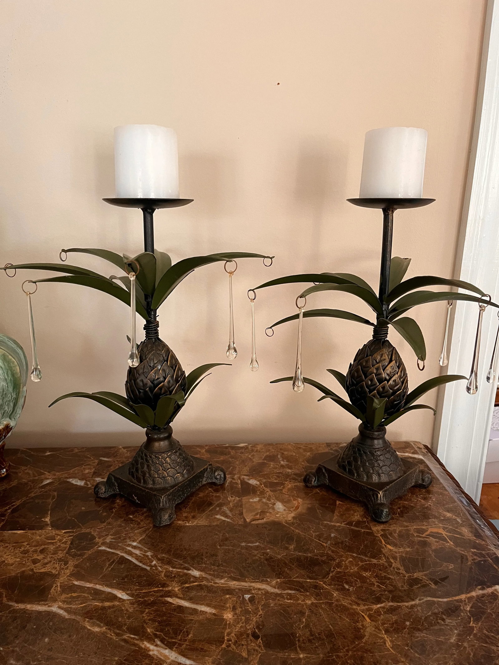 Vintage 1970s Pineapple Metal Brass Candle Holders Glass Teardrops Tropical Candle Holders - a Pair - 3