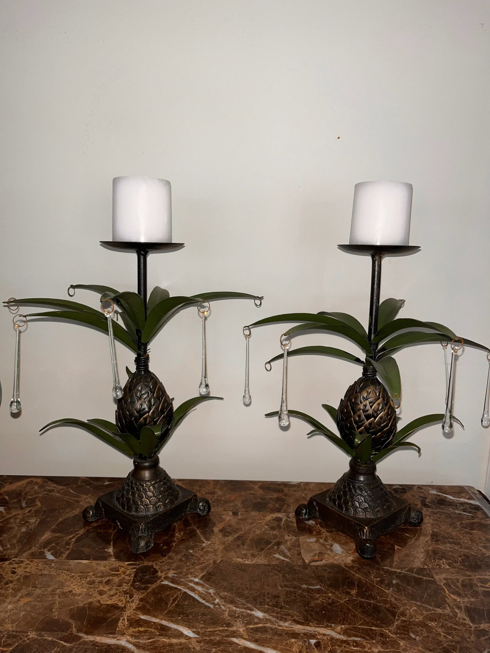 Vintage 1970s Pineapple Metal Brass Candle Holders Glass Teardrops Tropical Candle Holders - a Pair - 6