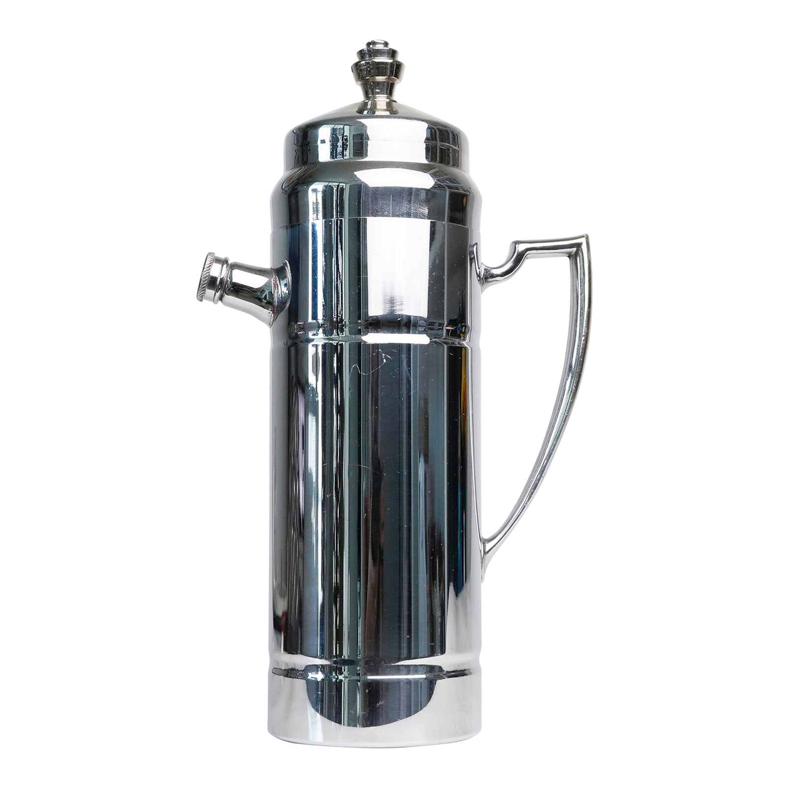 Derby Shelton Art Deco Stacked Finial Knob Cocktail Shaker Prohibition Era 1930s: A prohibition era art deco chrome stacked finial cocktail shaker by Derby Shelton. This piece features a squared off handle and two ridges on the cylindrical body. The shaker has a built-in strainer