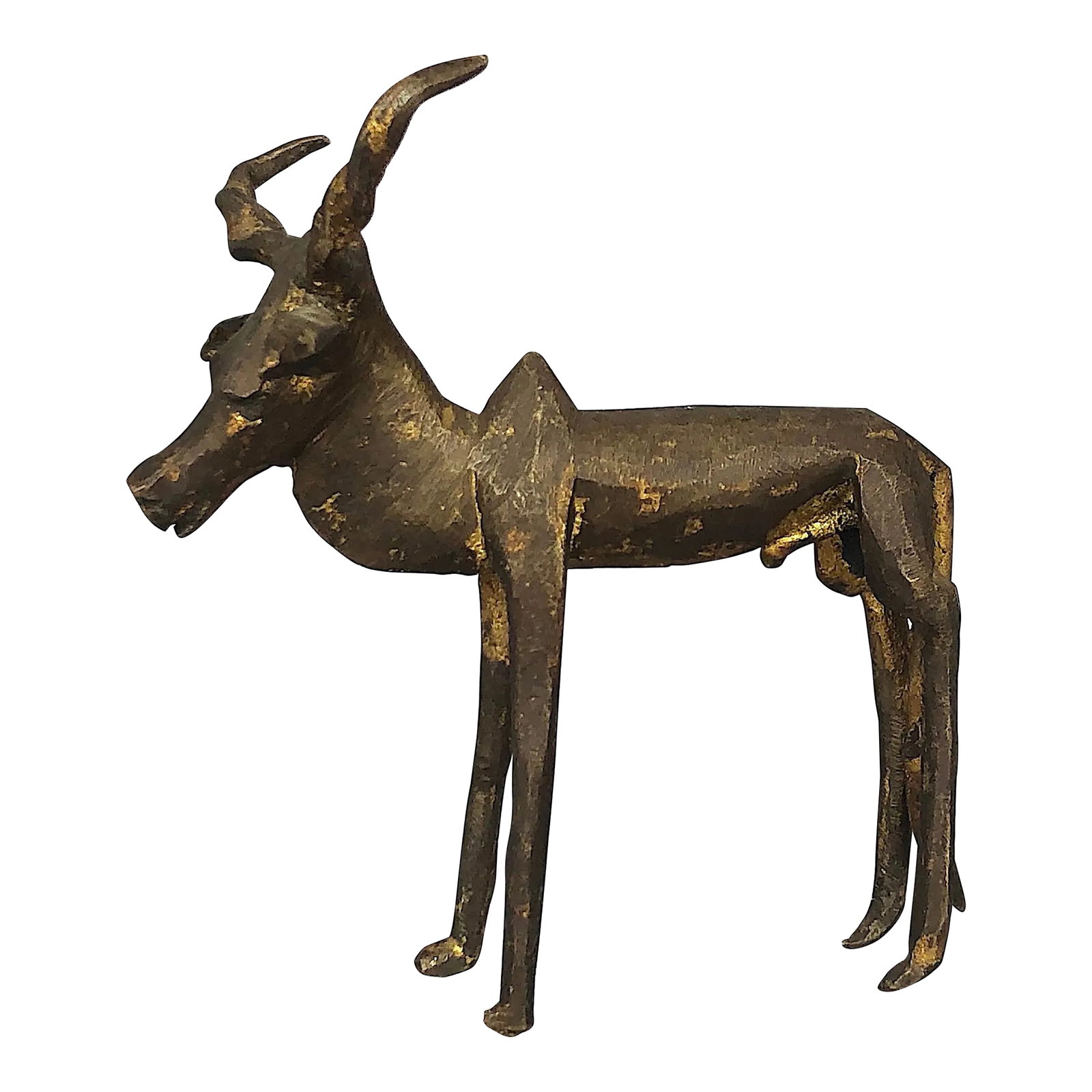 African Bronze Antelope Sculpture: This vintage African bronze male kudu antelope sculpture would make an interesting home decor accent on a living room shelf or entry hall console table. Hand molded from bronze metal, the stylized ant