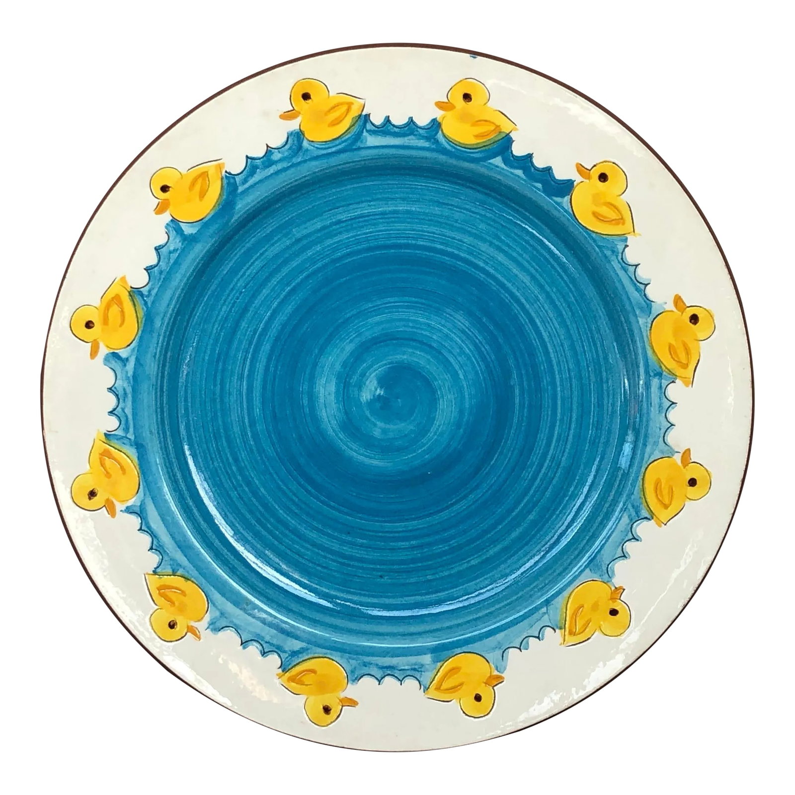 Decorative Stangl Pottery Plate With Yellow Ducks: Hang this vintage Stangl Pottery Kiddieware plate from their Little Quackers series on a kitchen or bathroom wall for a whimsical decor touch. Made in the 1950s, the vintage decorative hand-painted pl