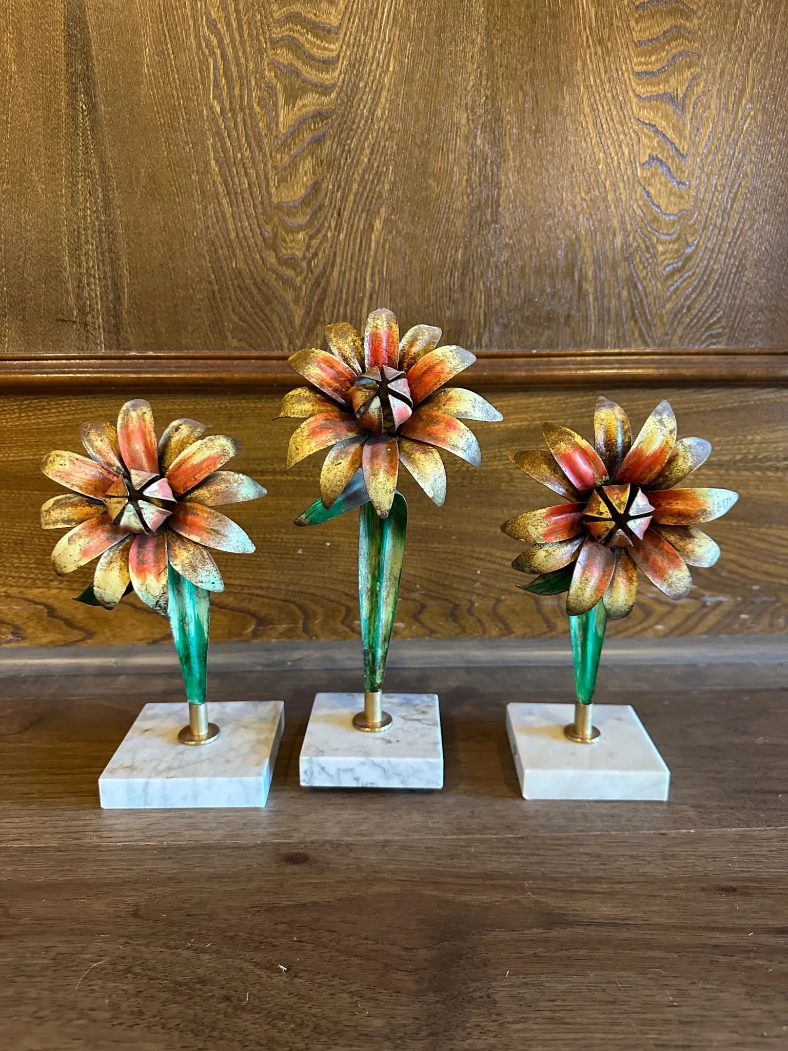 1970s Set of 3 Decorative Metal Flowers on Marble Bases - 10