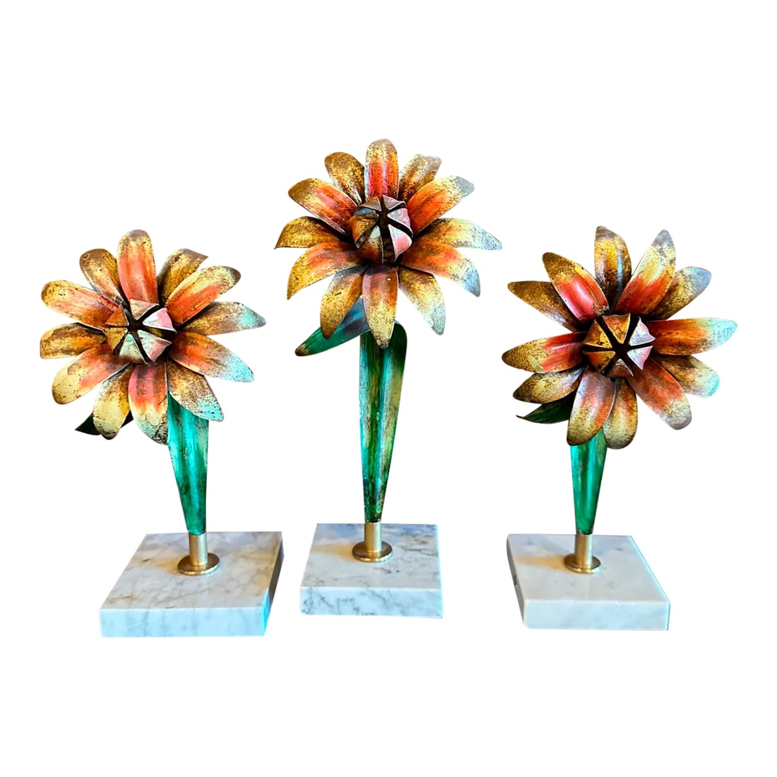 1970s Set of 3 Decorative Metal Flowers on Marble Bases: Vintage Metal flowers with marble removable bases that are sold as a set of 3 Dimensions of flowers in picture from left to right - 11.5"H (4 x 4 base), 10"H (3.5 x 3.5 base), 10"H (3.5 x 3.5 base)