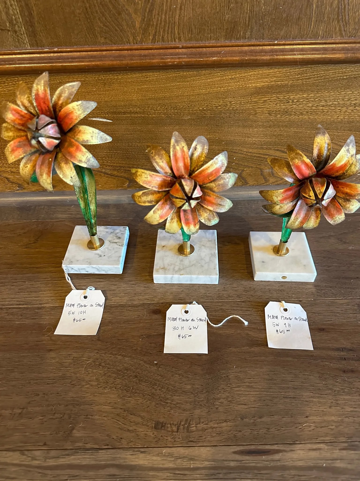 1970s Set of 3 Decorative Metal Flowers on Marble Bases - 3