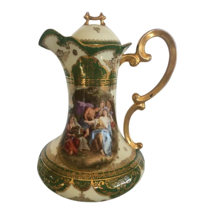 Antique Austrian Porcelain Chocolate Pot: Lovely porcelain chocolate pot of baluster form with scroll handles, transfer printed by Bawo & Dotter with Classical figures within green and gilt borders. It bears two marks on the base: Imperial Cr