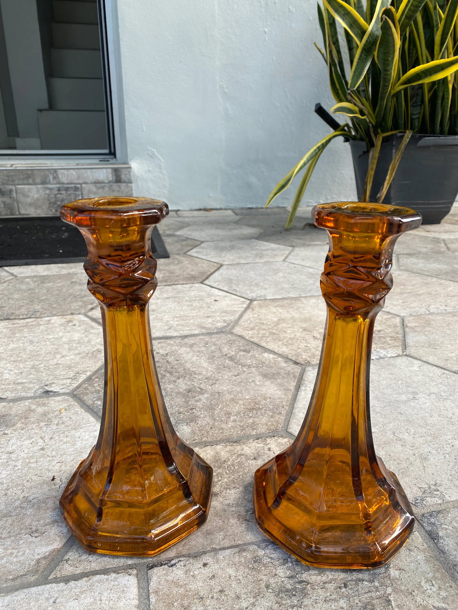 Pair of 1980s Chunky Amber Glass Candlesticks - 2