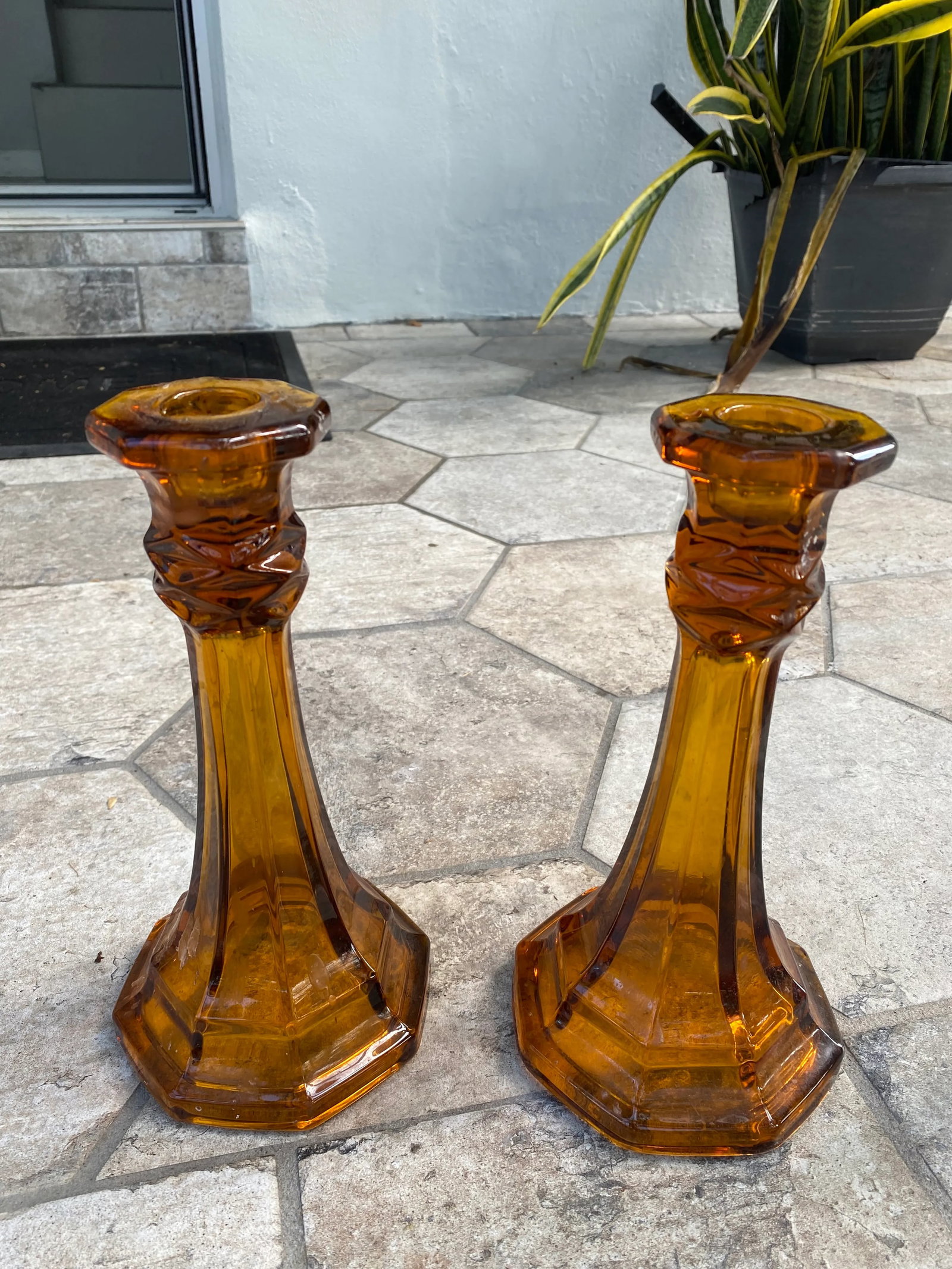 Pair of 1980s Chunky Amber Glass Candlesticks - 3