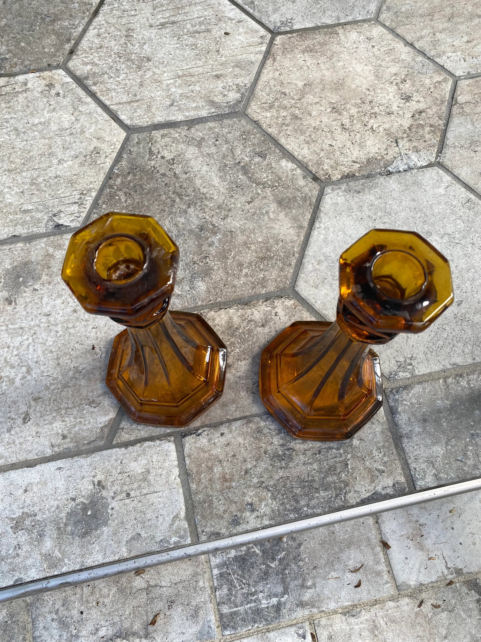 Pair of 1980s Chunky Amber Glass Candlesticks - 4