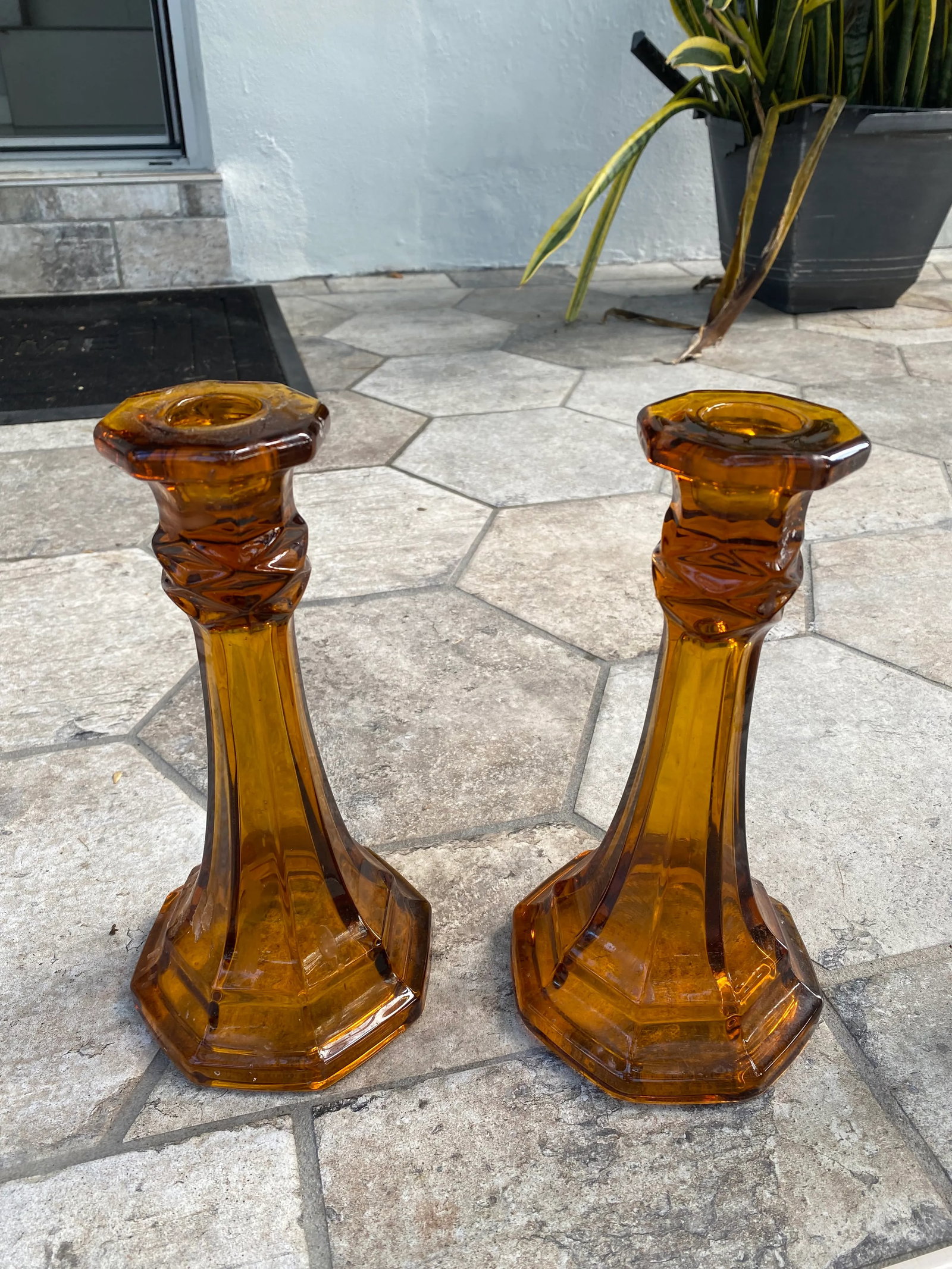 Pair of 1980s Chunky Amber Glass Candlesticks - 5