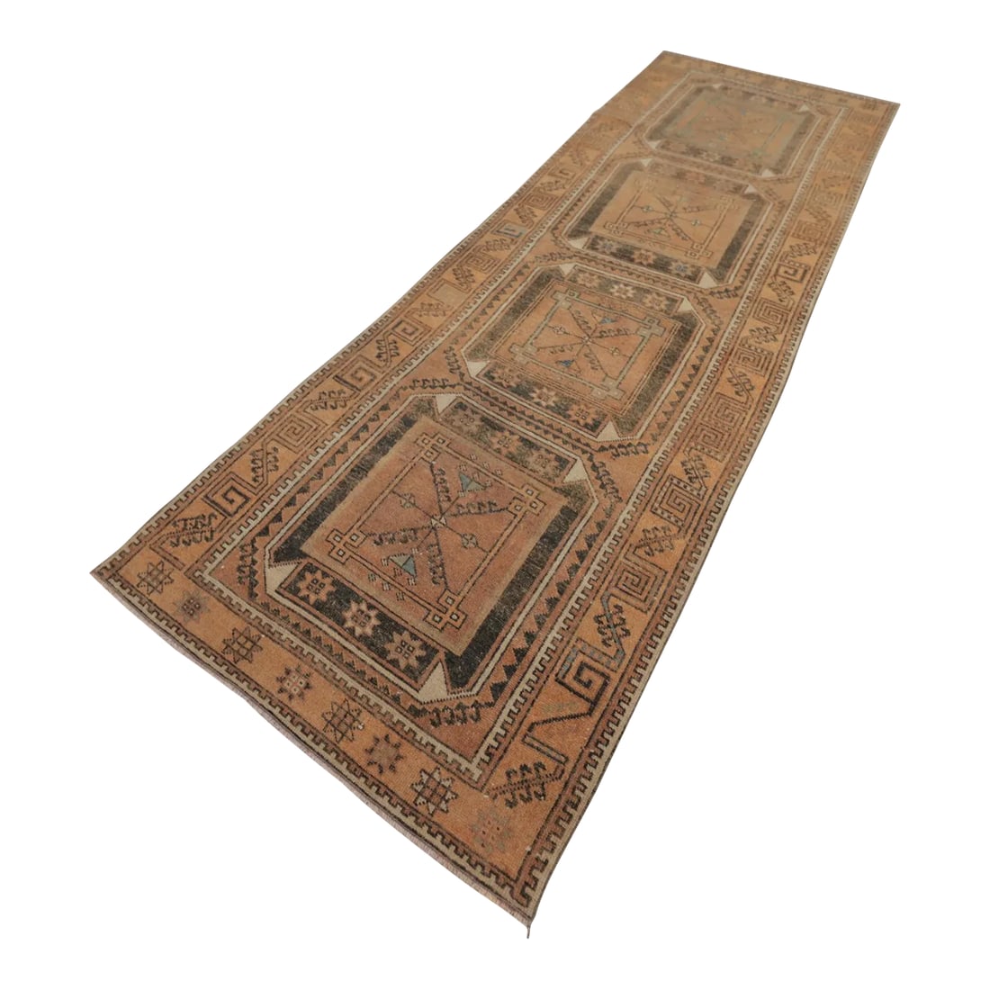 1970s Turkish Brown Hand Knotted Runner: Size: 3.3 x 10.3 ft ( 102 x 314 cm) 40 x 123 inches Color: Organic Natural Dye ( Beige,Black,Brown,Green ) Material: 100% Hand Spun Organic Wool Condition:Professionally washed and cleaned.Ready to us