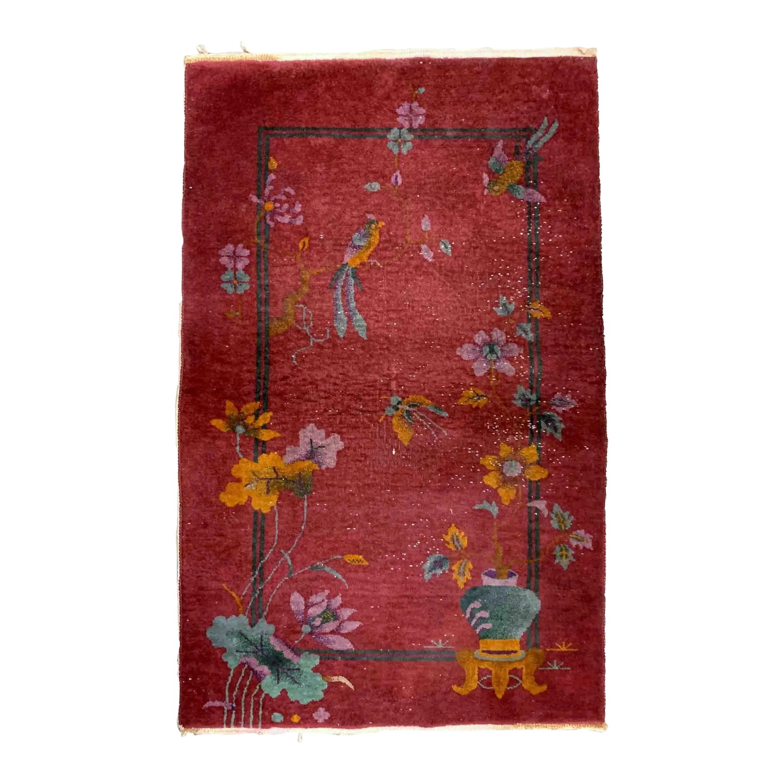 1920s Handmade Antique Art Deco Chinese Rug 3.1' X 5.2': Handmade antique Art Deco Chinese rug in red color. The rug has traditional floral Art Deco design with some birds and vases. It is from the beginning of 20th century in original condition, it has