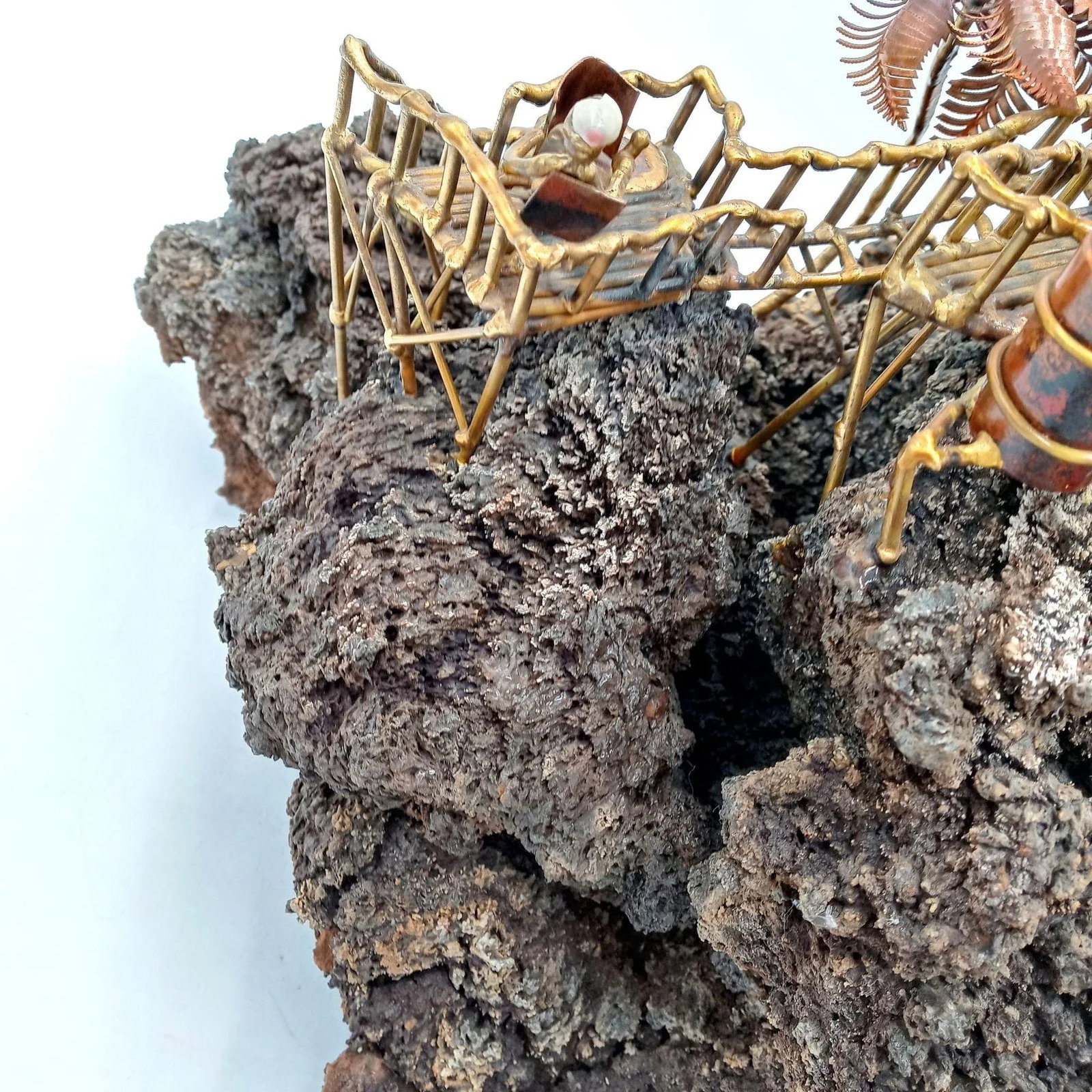 Tiki Island Sculpture Metal Art Large Palm Trees Hula Girls Dancing Guitar Ooak Lava Rock 14 Inch - 10