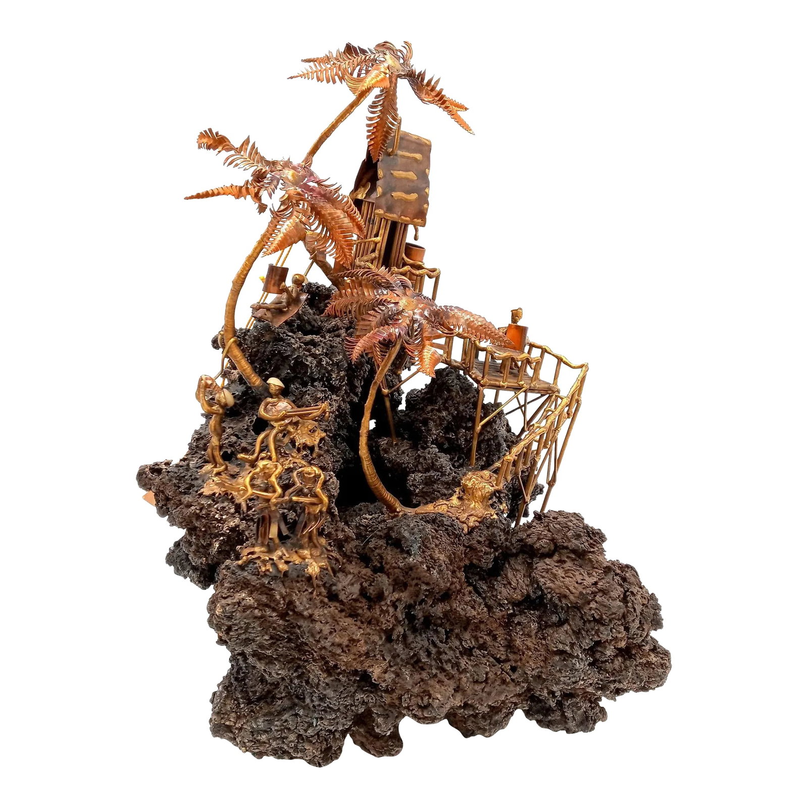 Tiki Island Sculpture Metal Art Large Palm Trees Hula Girls Dancing Guitar Ooak Lava Rock 14 Inch: Tiki Island Sculpture Metal Art Large Palm Trees Hula Girls Dancing Guitar OOAK Lava Rock 14 Inch -Artist: Jake Flores of Artes Metalicas San Antonio, TX -Measures: about 14" tall x 11" x 11" -This