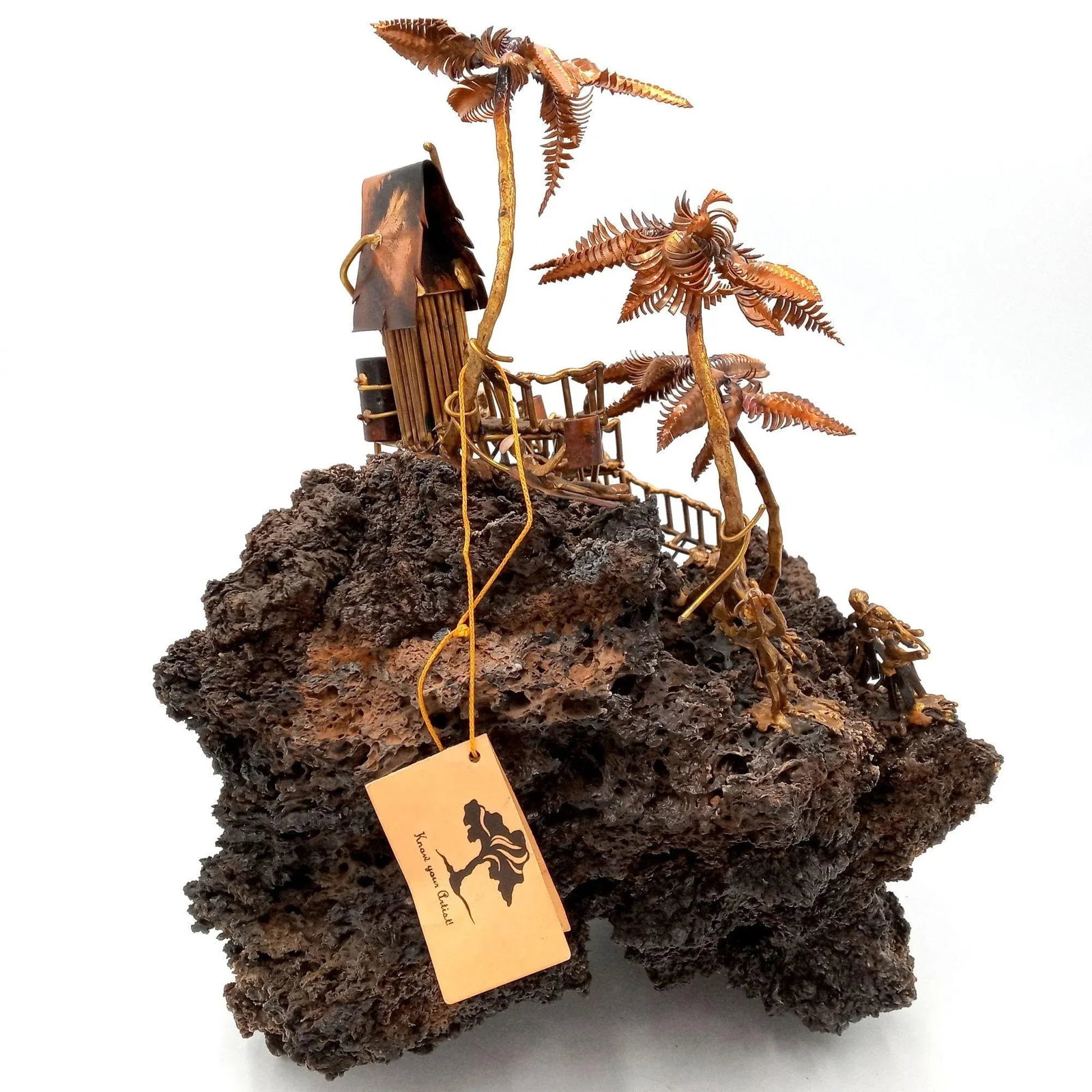 Tiki Island Sculpture Metal Art Large Palm Trees Hula Girls Dancing Guitar Ooak Lava Rock 14 Inch - 2