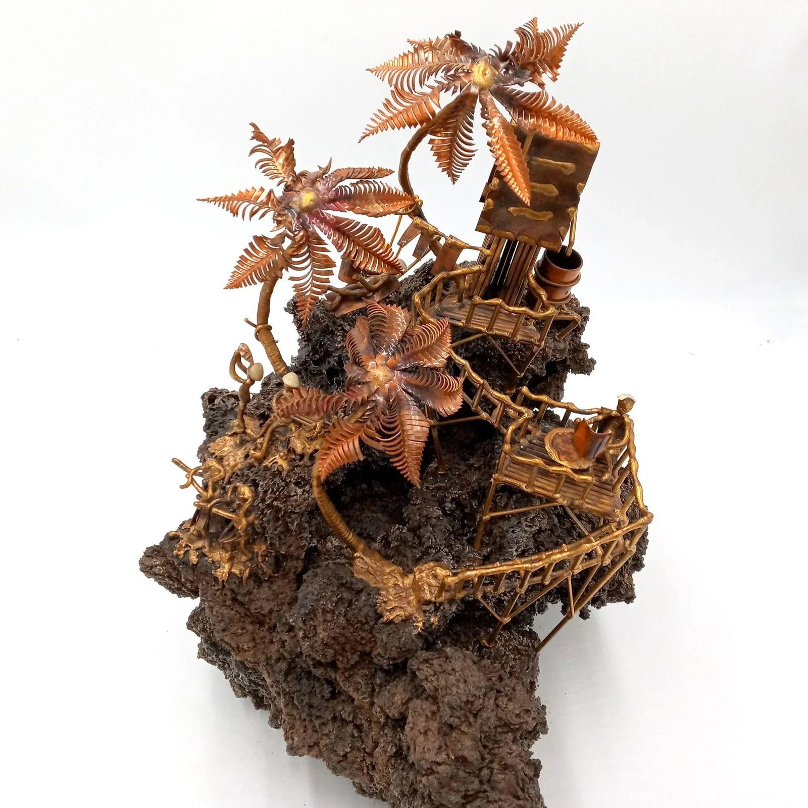 Tiki Island Sculpture Metal Art Large Palm Trees Hula Girls Dancing Guitar Ooak Lava Rock 14 Inch - 7
