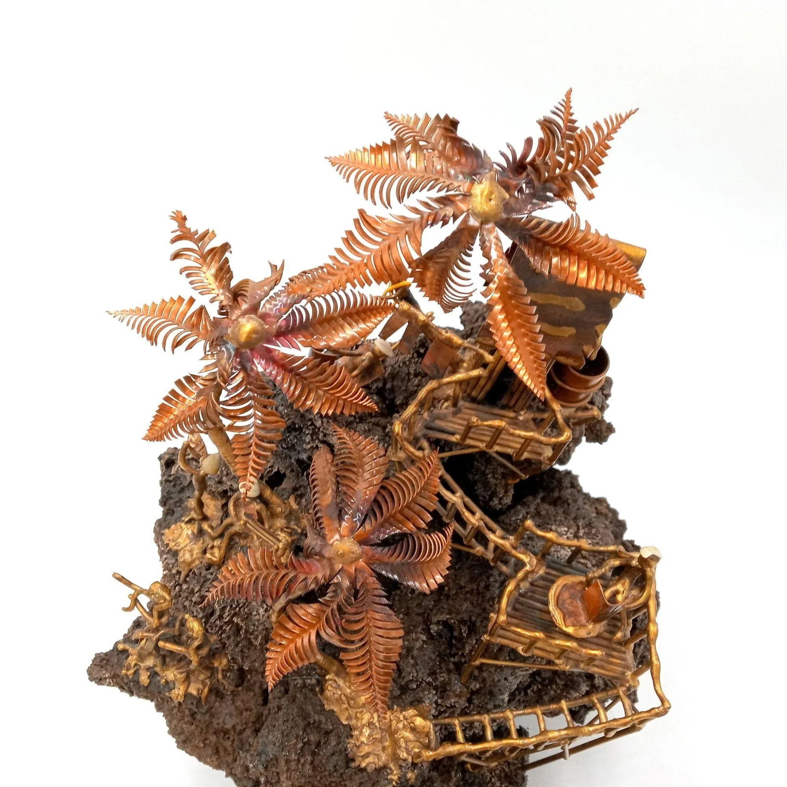 Tiki Island Sculpture Metal Art Large Palm Trees Hula Girls Dancing Guitar Ooak Lava Rock 14 Inch - 8