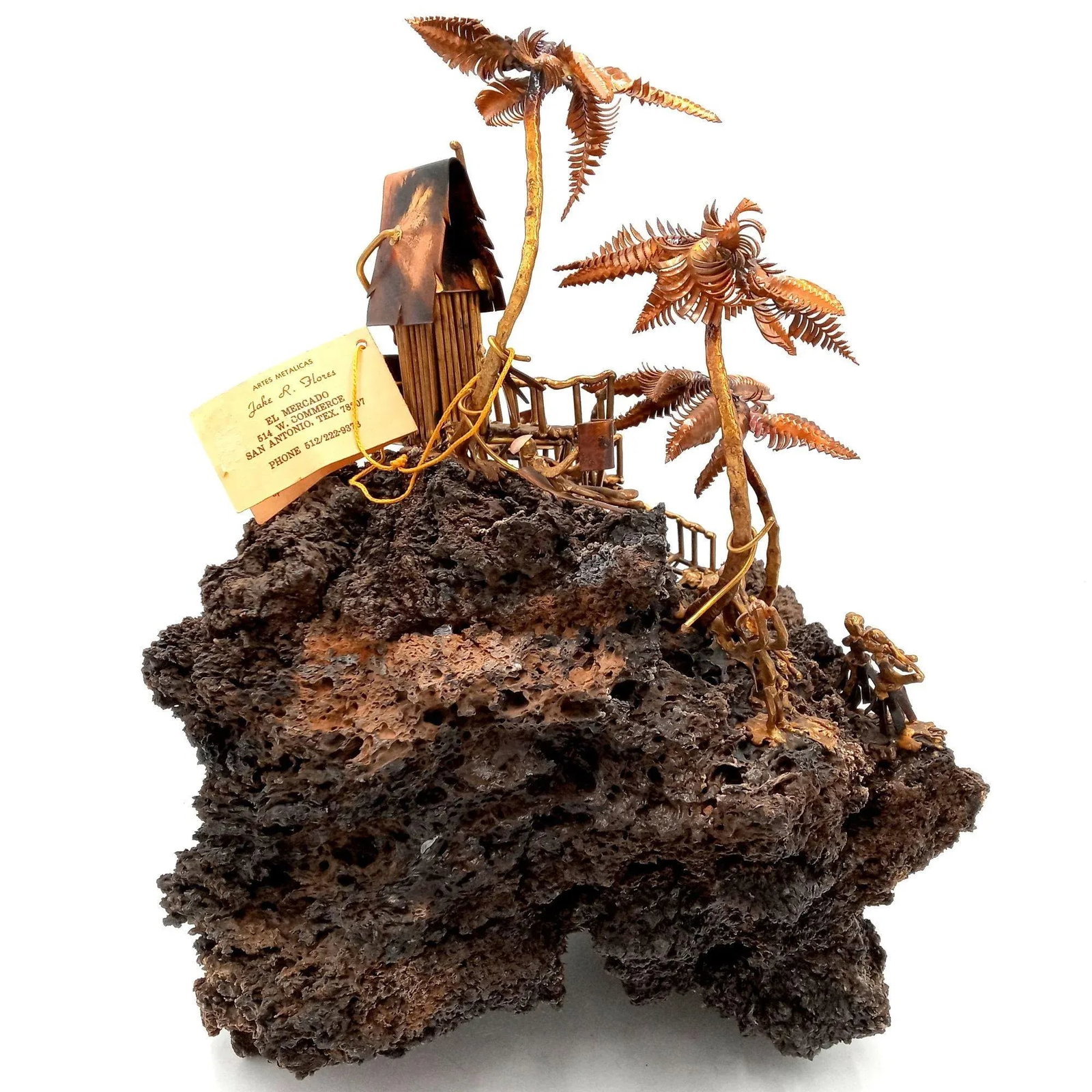 Tiki Island Sculpture Metal Art Large Palm Trees Hula Girls Dancing Guitar Ooak Lava Rock 14 Inch - 9