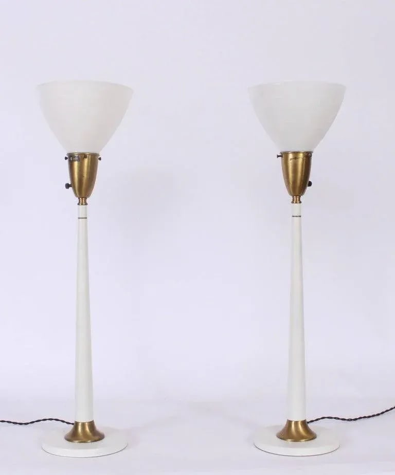Tall Rembrandt Lamp Co. White Candlestick Lamps with Glass Shades, 1950s - A Pair - 2