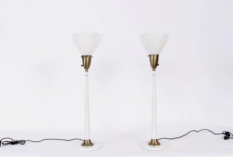 Tall Rembrandt Lamp Co. White Candlestick Lamps with Glass Shades, 1950s - A Pair - 7