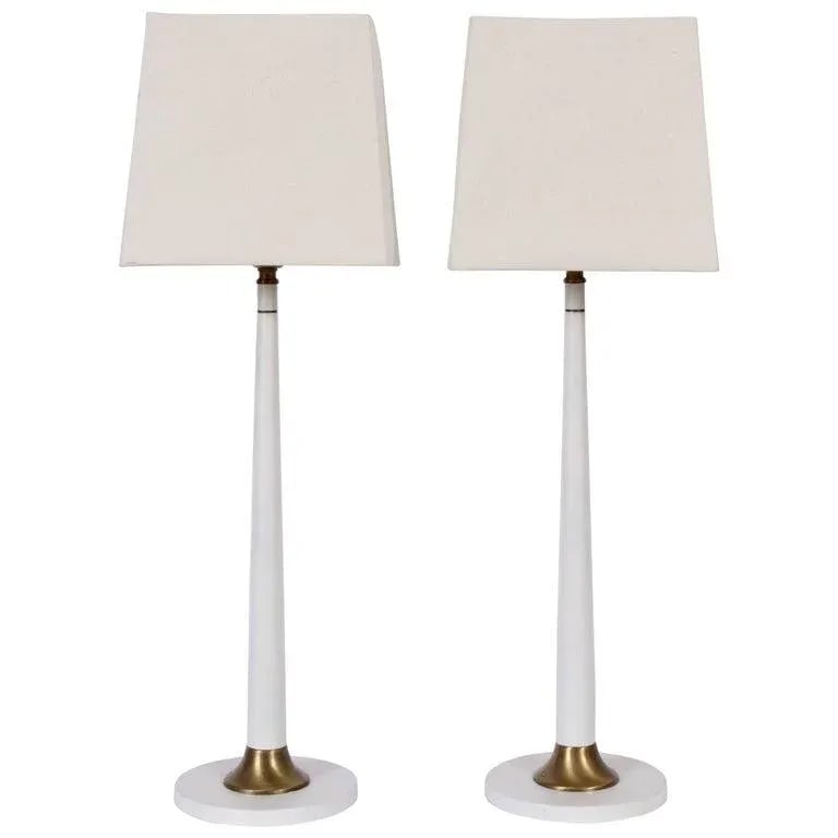 Tall Rembrandt Lamp Co. White Candlestick Lamps with Glass Shades, 1950s - A Pair - 8