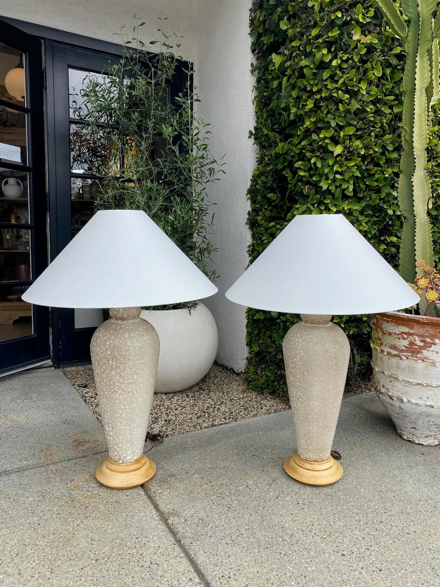Vintage Tall White Textured Ceramic Lamps - a Pair - 11