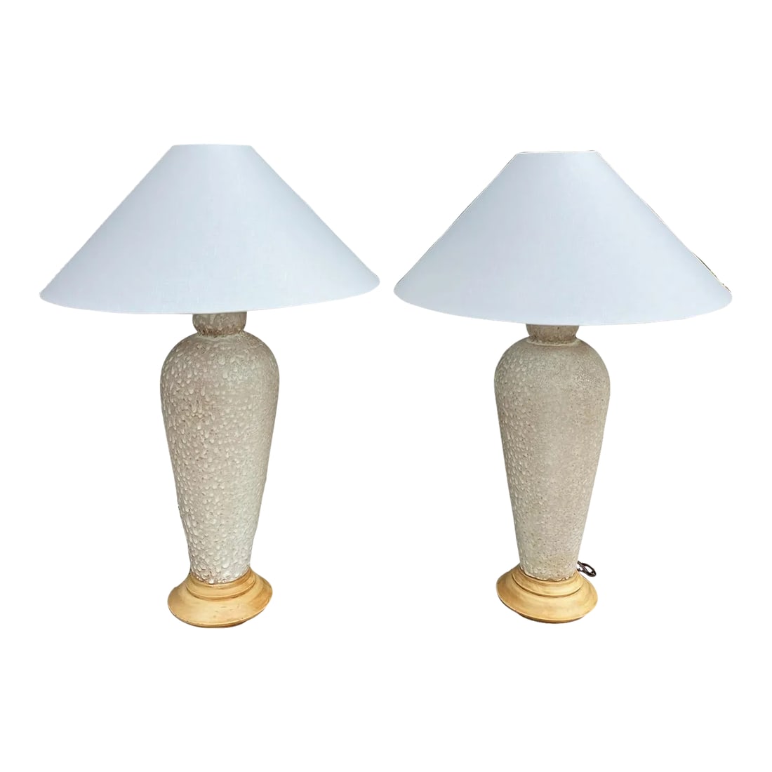 Vintage Tall White Textured Ceramic Lamps - a Pair: Amazing pair of tall vintage white textured ceramic lamps, with a new finish on the bases. New wiring and custom shades. Three way sockets. We love the dual material and fun shape of these lamps. They