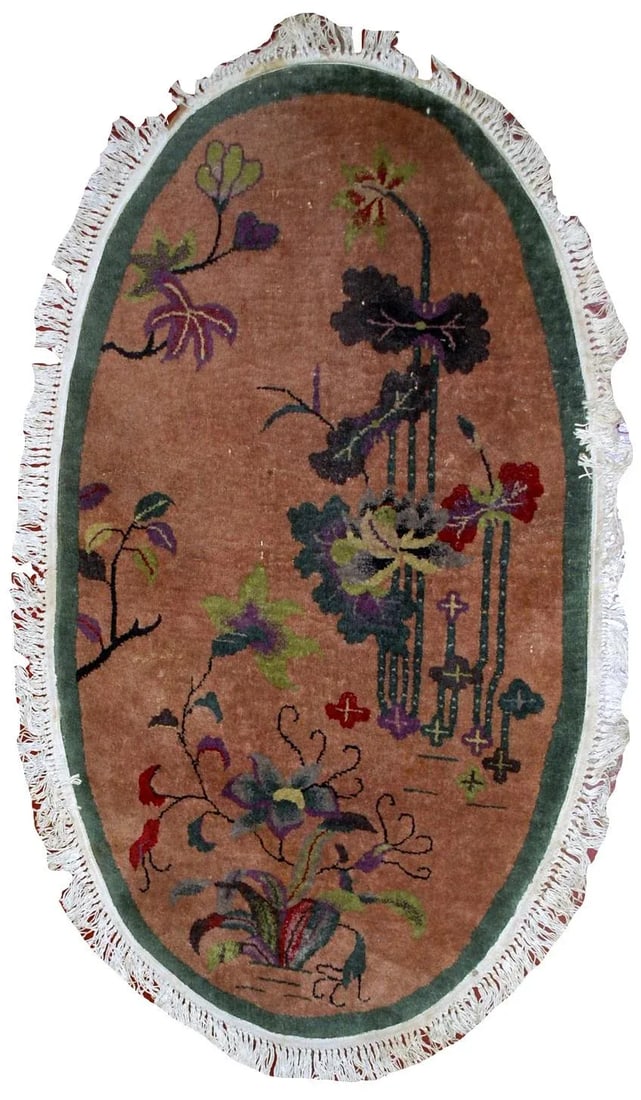 1920s h and made antique oval Art Deco Chinese rug 3' x 4.10' - 2
