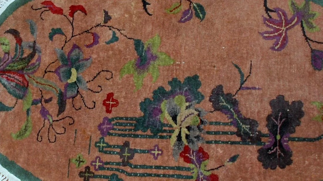 1920s h and made antique oval Art Deco Chinese rug 3' x 4.10' - 3
