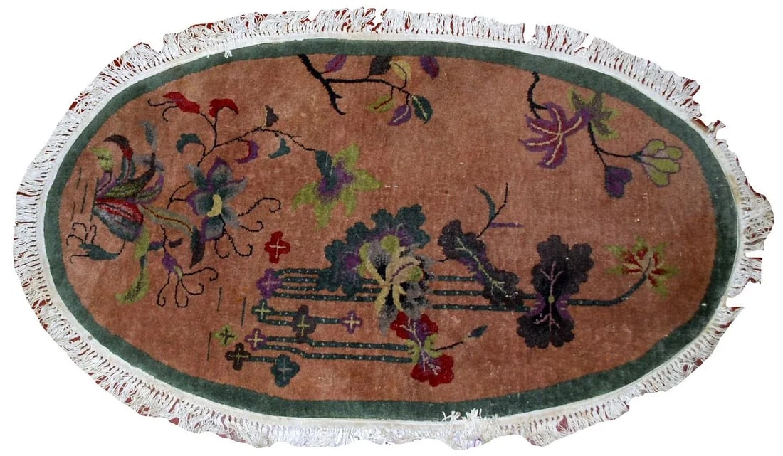 1920s h and made antique oval Art Deco Chinese rug 3' x 4.10' - 4