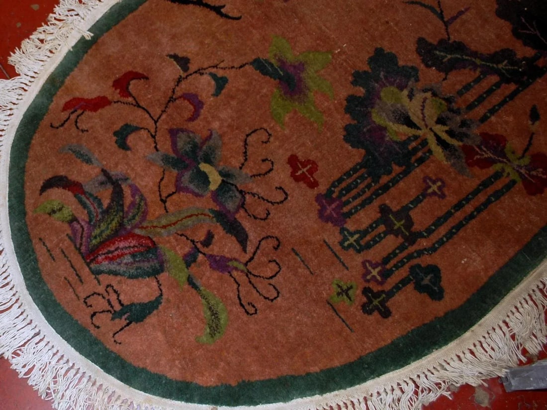1920s h and made antique oval Art Deco Chinese rug 3' x 4.10' - 5