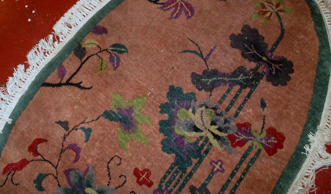 1920s h and made antique oval Art Deco Chinese rug 3' x 4.10' - 6