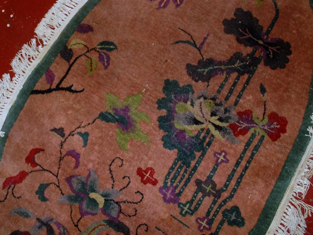1920s h and made antique oval Art Deco Chinese rug 3' x 4.10' - 7
