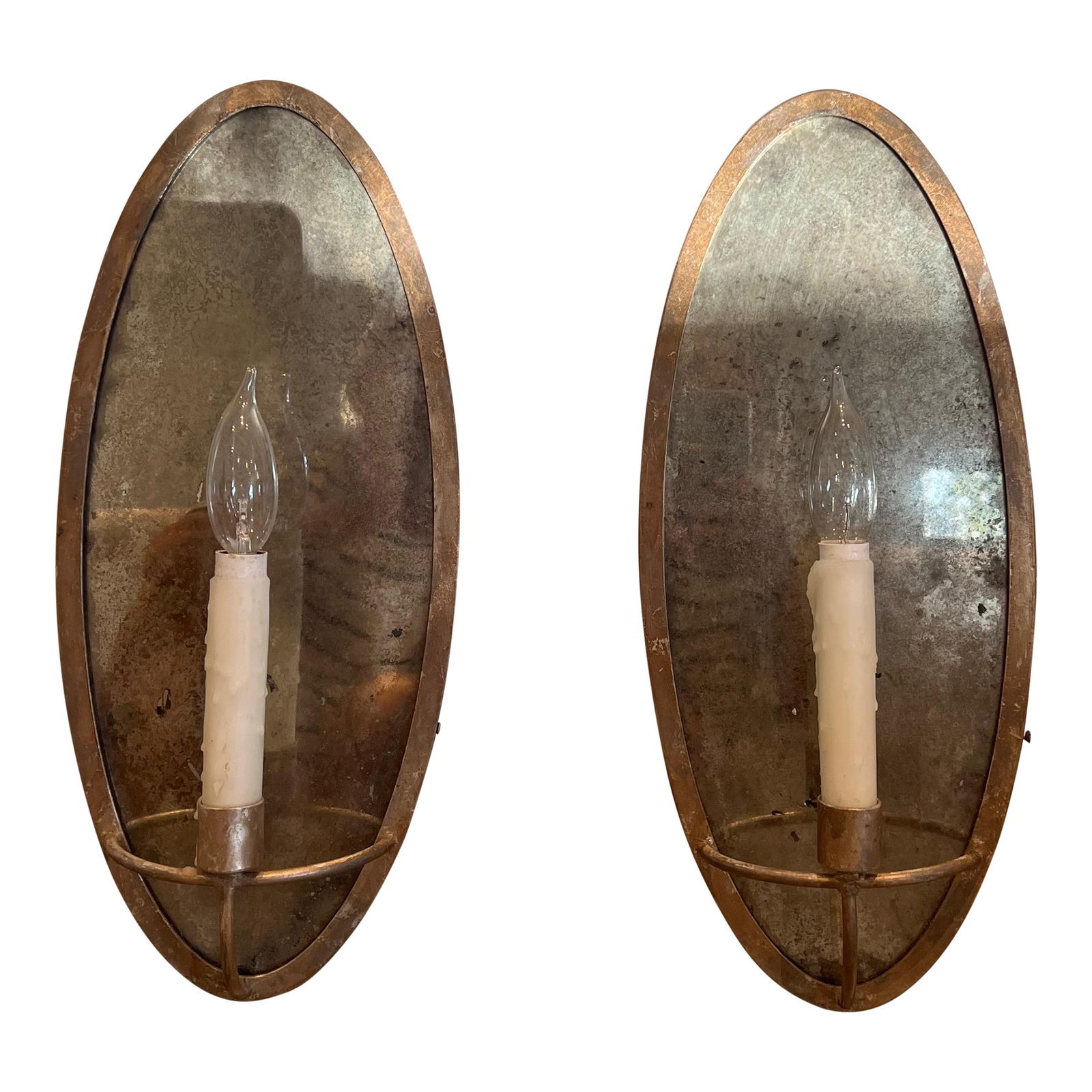Niermann Weeks Paris Oval Sconces - a Pair: Unique wall scones by Niermann Weeks finished in Venetian silver leaf including antiqued mirror backplate. Condition: Alterations: Original Condition Unaltered Imperfections: Some Imperfections