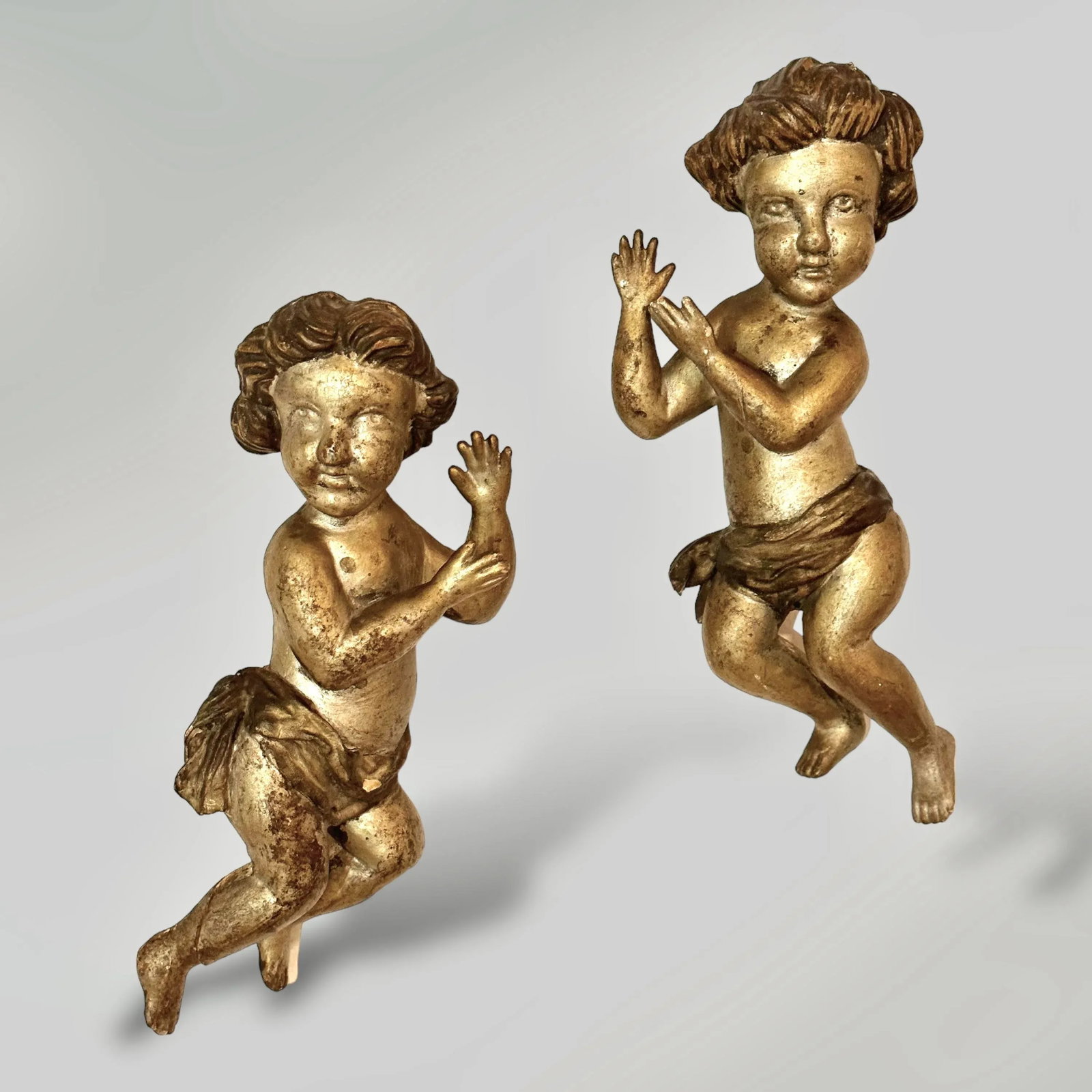 Pair 17th Century Italian Hand Carved Baroque Giltwood Putti - 11