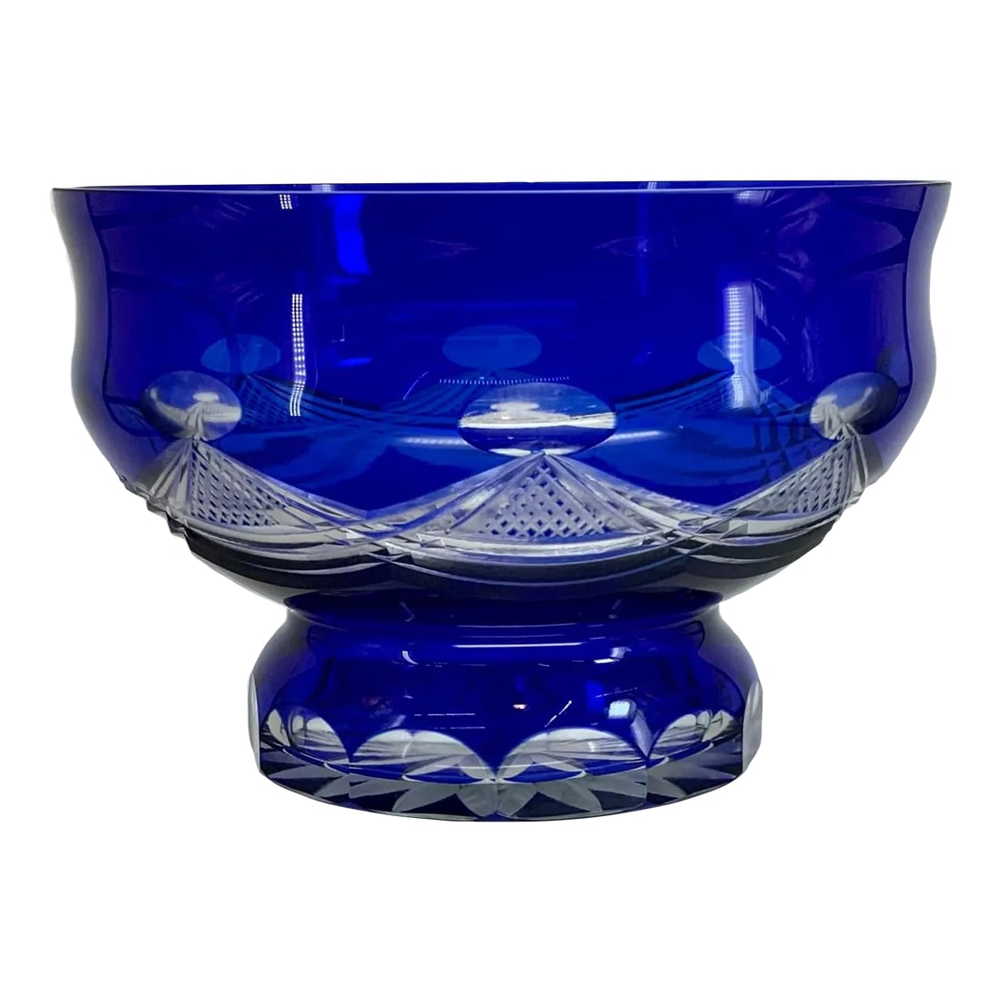 Vintage Bohemian Cobalt Blue Pedestal Bowl: Beautiful 1960s vintage blue to clear hand cut crystal bowl from Bohemia. Condition: Alterations: Original Condition Unaltered Imperfections: Some Imperfections Condition Notes: Minor wear on bottom O