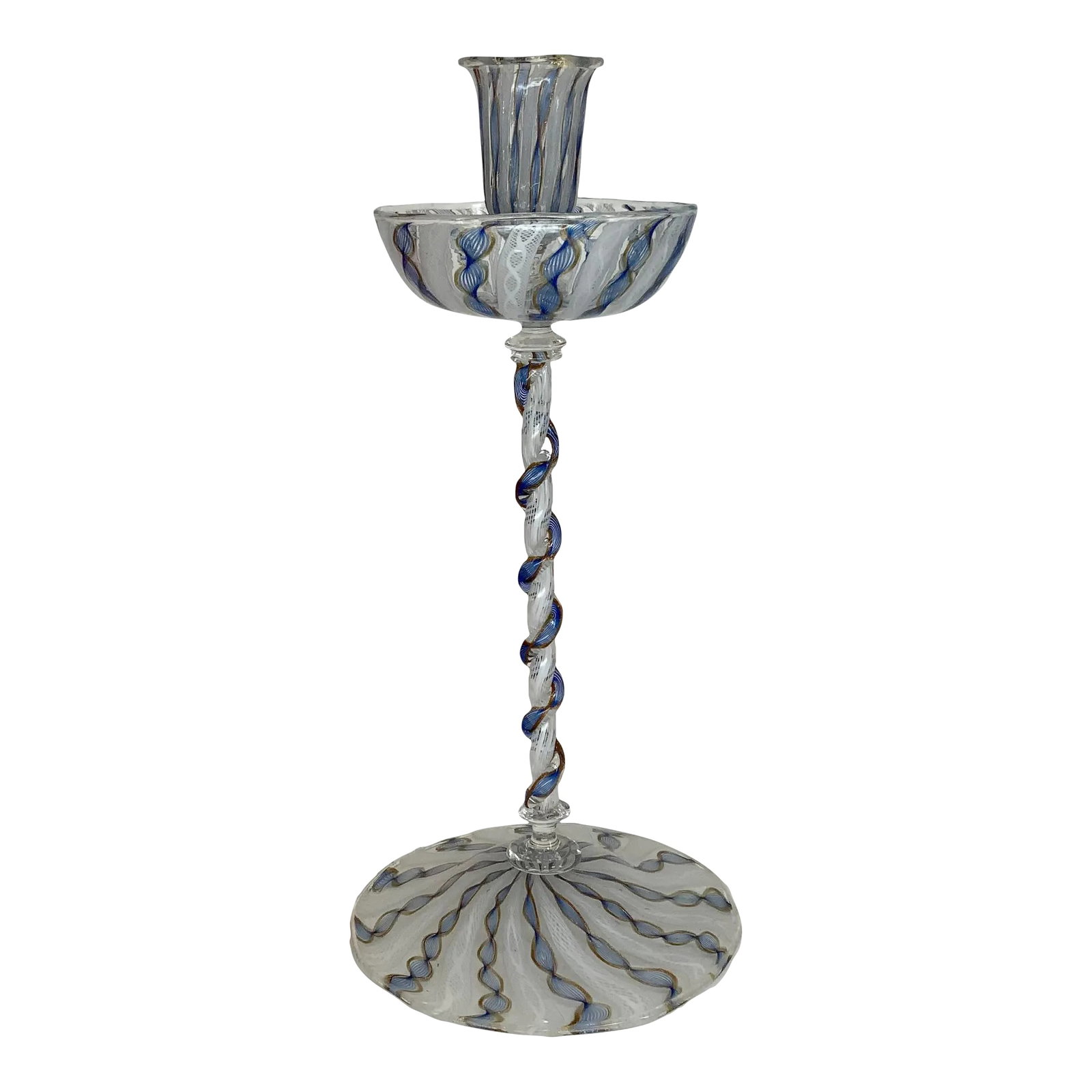 Vintage Murano Glass Tall Candlestick: Beautiful vintage Venetian glass candlestick with delicate latticino o twisted ribbons design in blue, gold and white in clear background in excellent condition. Condition: Alterations: Original