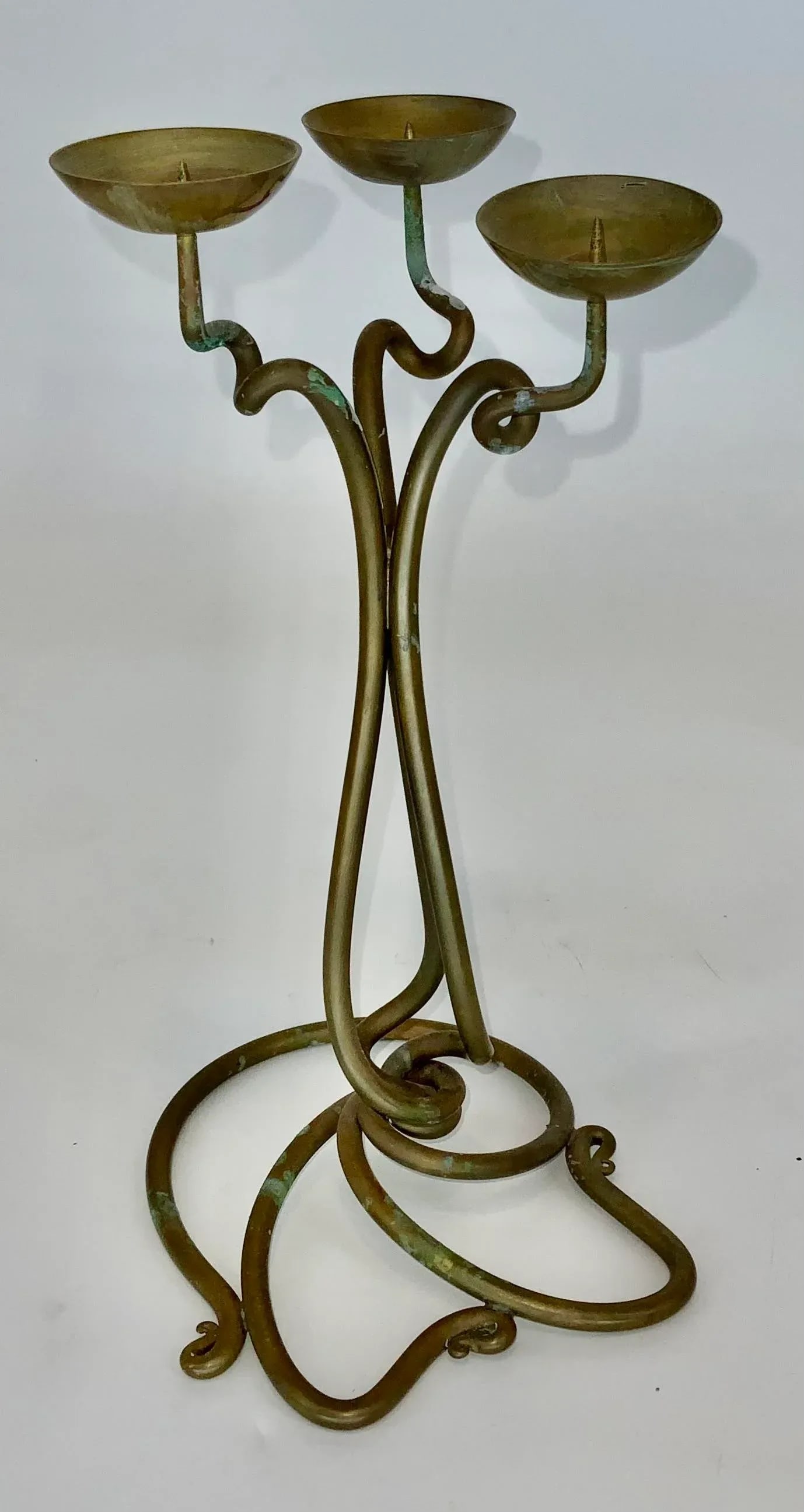 Vintage Hand Wrought Brass Three Arm Candleholder by Joe Spoon Metal Smith - 12