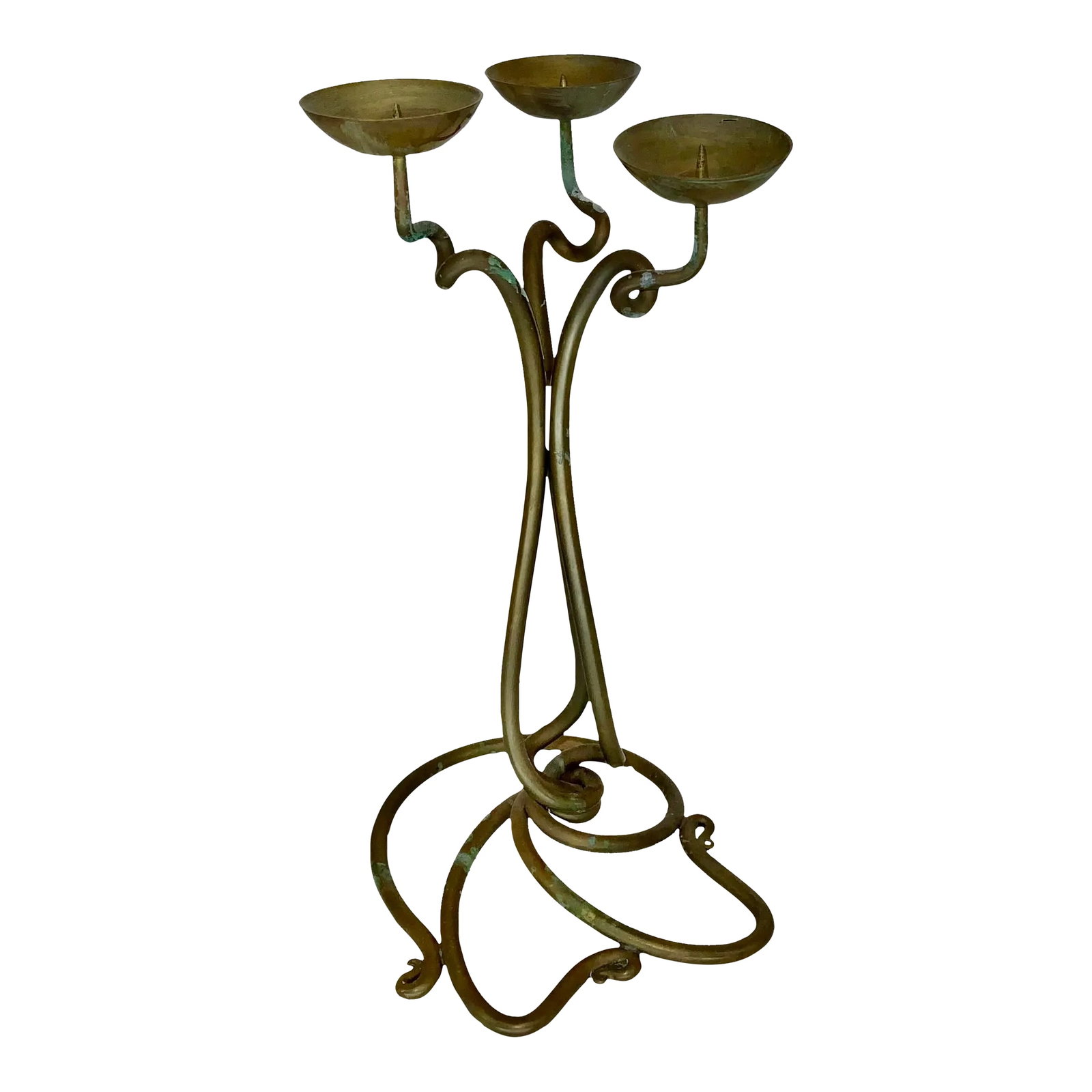 Vintage Hand Wrought Brass Three Arm Candleholder by Joe Spoon Metal Smith: Beautiful whimsical 1980s vintage wrought brass candle holder by Joe Spoon metal smith (est.1973, Charleston, IL). One-of-the kind unique object for your home. Condition: Alterations: Original