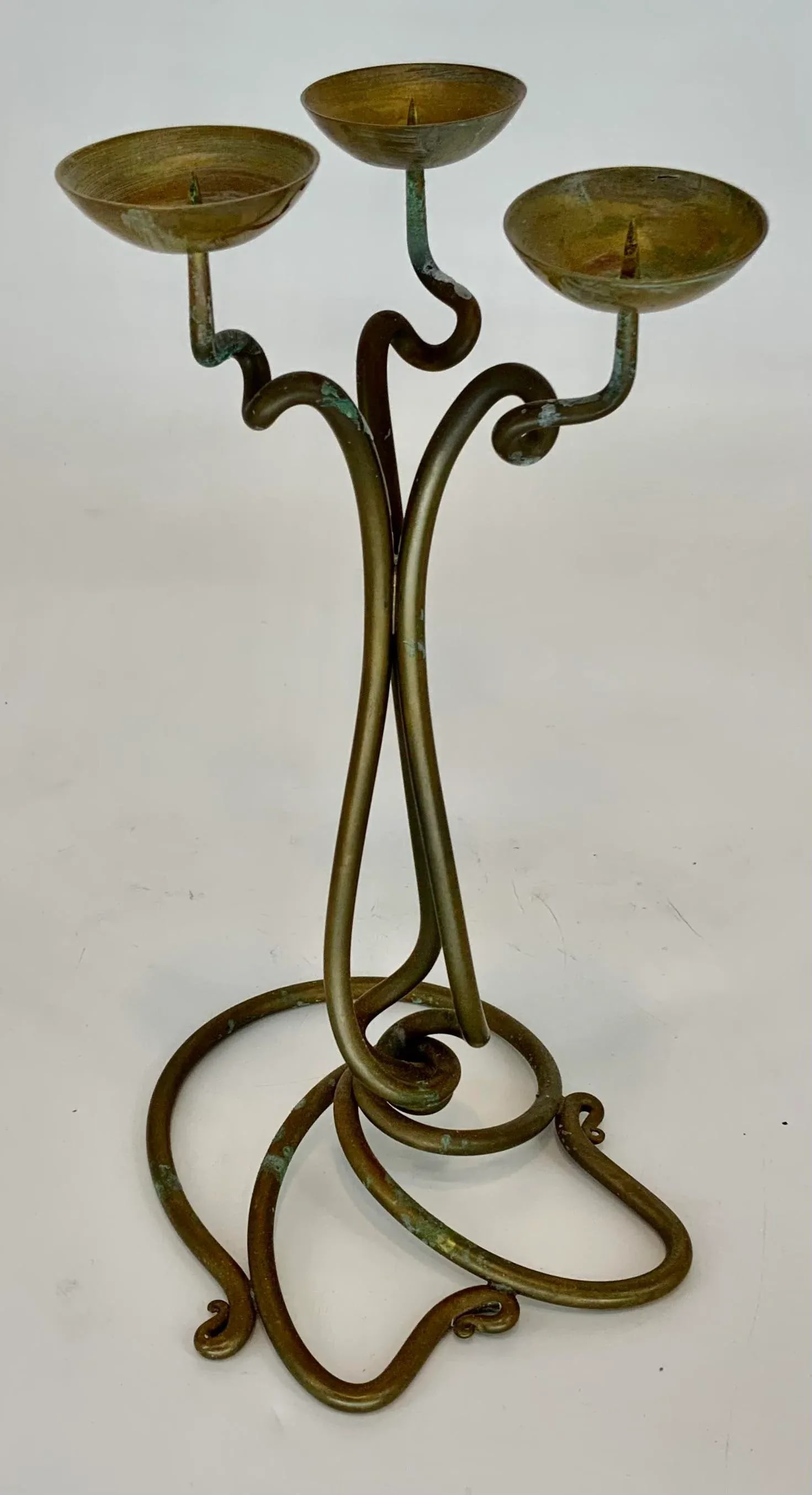 Vintage Hand Wrought Brass Three Arm Candleholder by Joe Spoon Metal Smith - 2