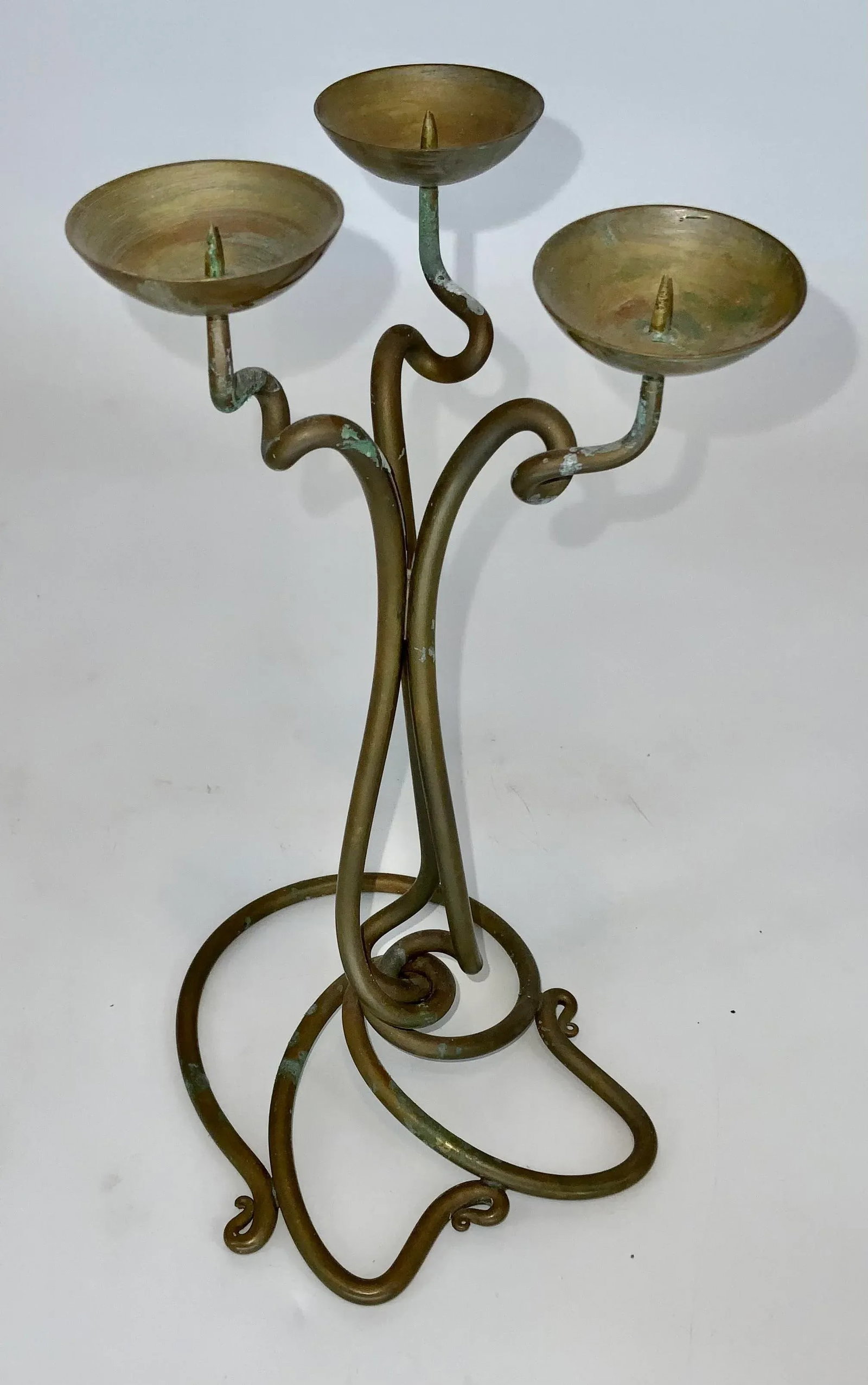 Vintage Hand Wrought Brass Three Arm Candleholder by Joe Spoon Metal Smith - 3