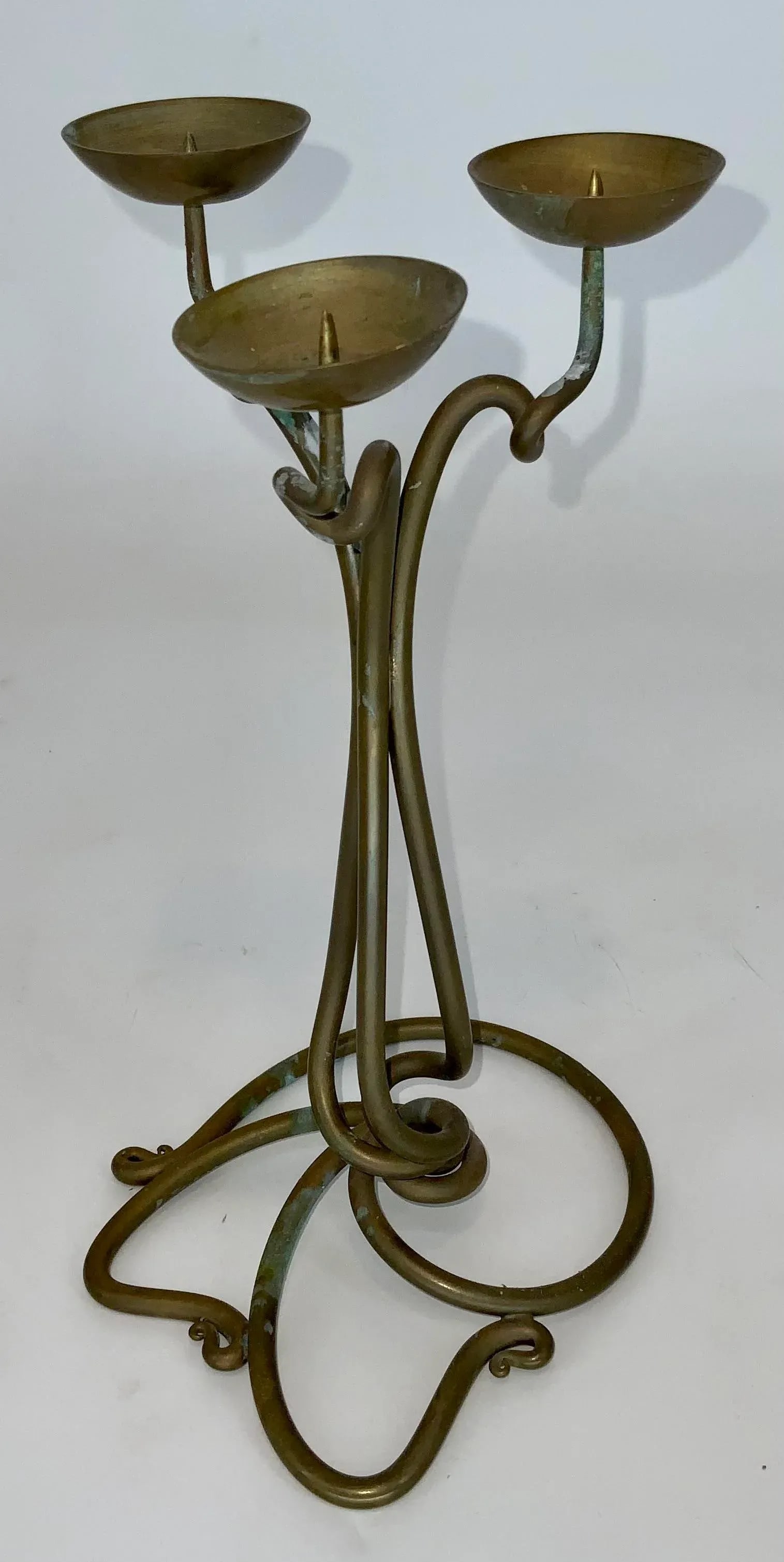 Vintage Hand Wrought Brass Three Arm Candleholder by Joe Spoon Metal Smith - 4