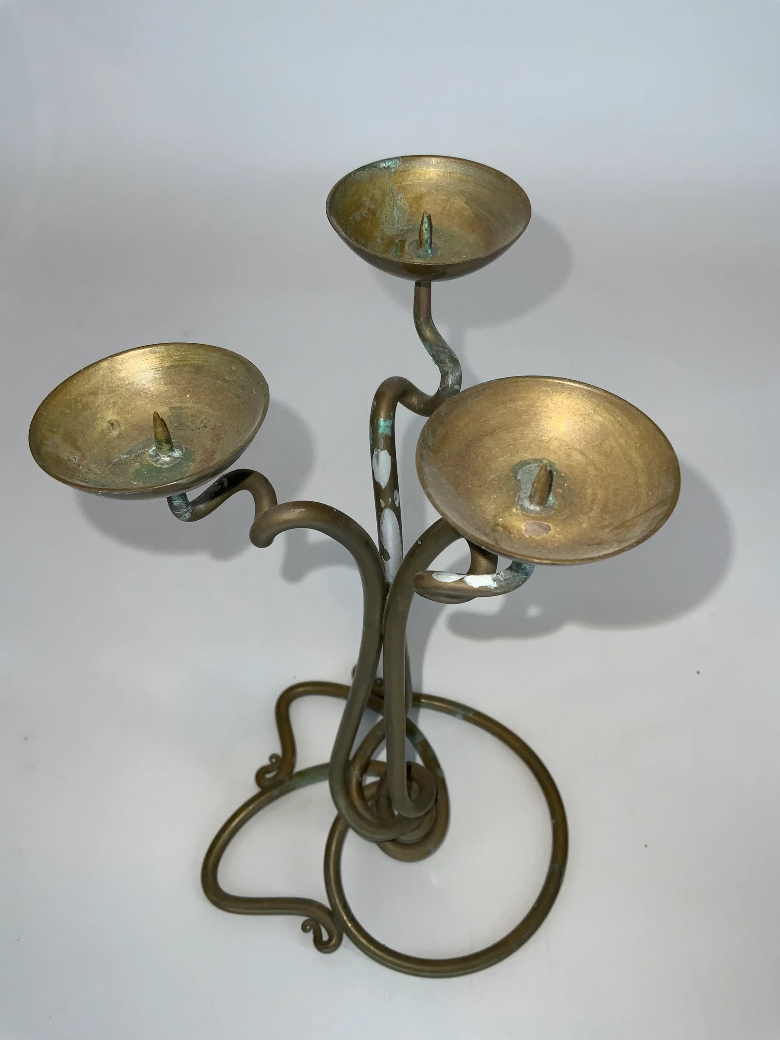 Vintage Hand Wrought Brass Three Arm Candleholder by Joe Spoon Metal Smith - 5