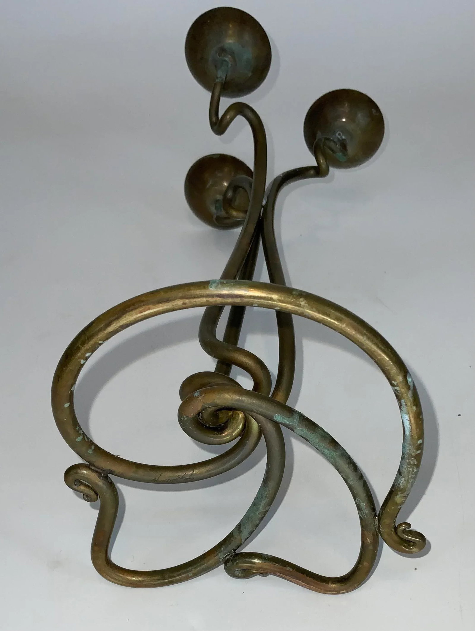 Vintage Hand Wrought Brass Three Arm Candleholder by Joe Spoon Metal Smith - 8